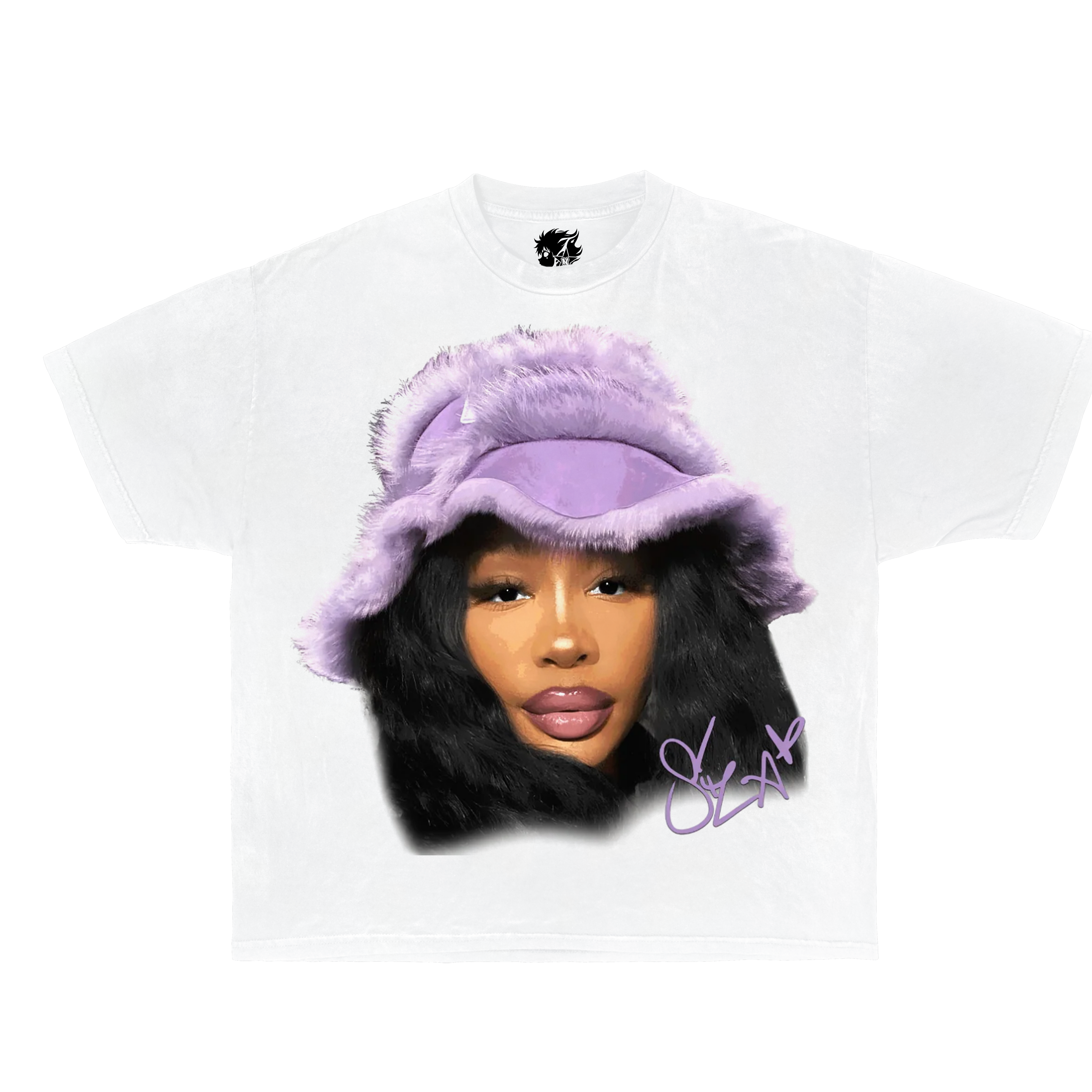 White t-shirt with a graphic of a person wearing a purple fur hat and black text on a white background. SZA Vintage Boxy Oversized Shirt