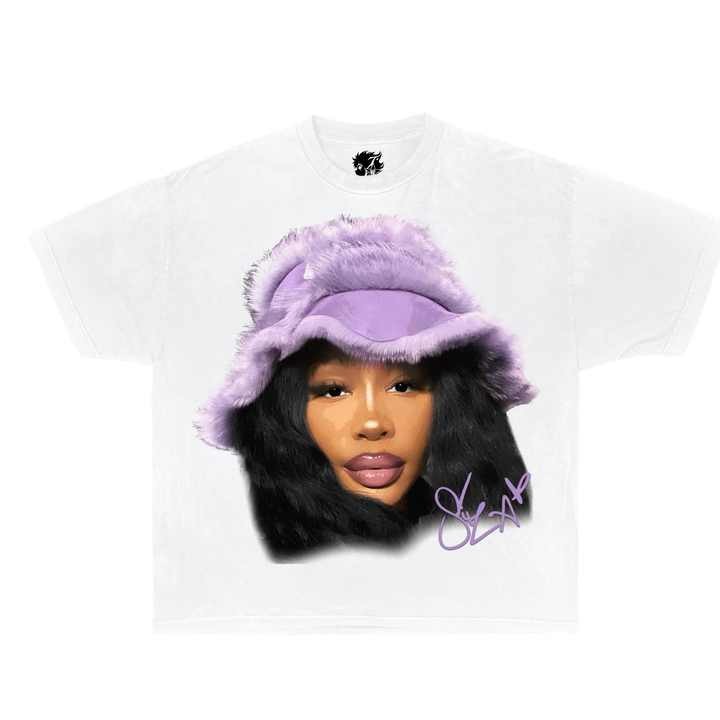 White t-shirt with a graphic of a person wearing a purple fur hat and black text on a white background. SZA Vintage Boxy Oversized Shirt