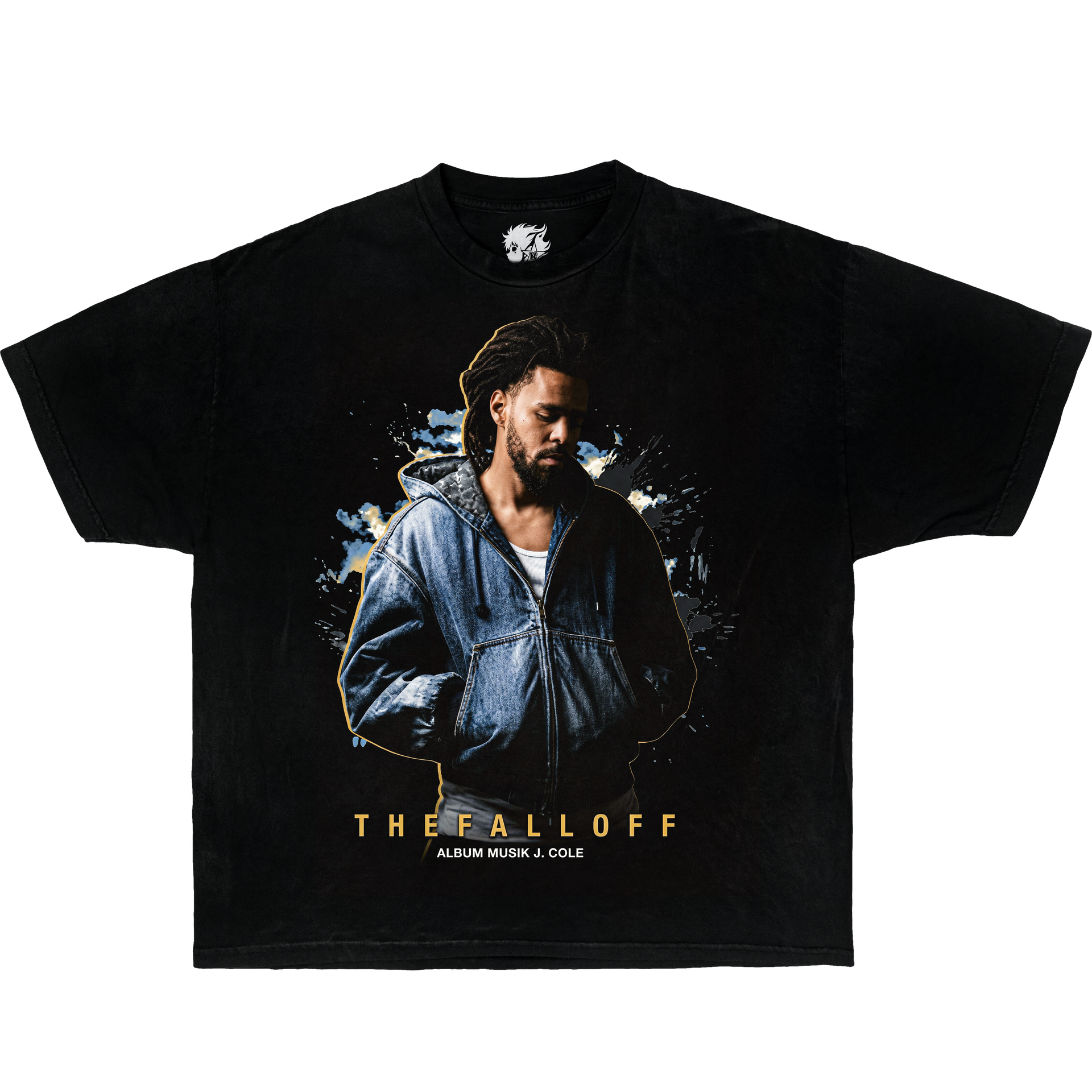 Black t-shirt with a graphic of Jcole The Fall Off Album in a denim jacket and text 'THE FALLOFF' on a white background