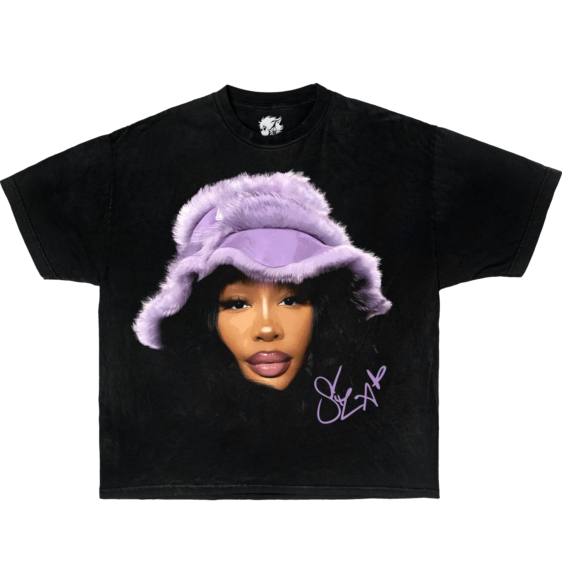 Black t-shirt with a graphic of a person wearing a purple fur hat and the artist's signature. SZA Vintage Boxy Oversized Shirt