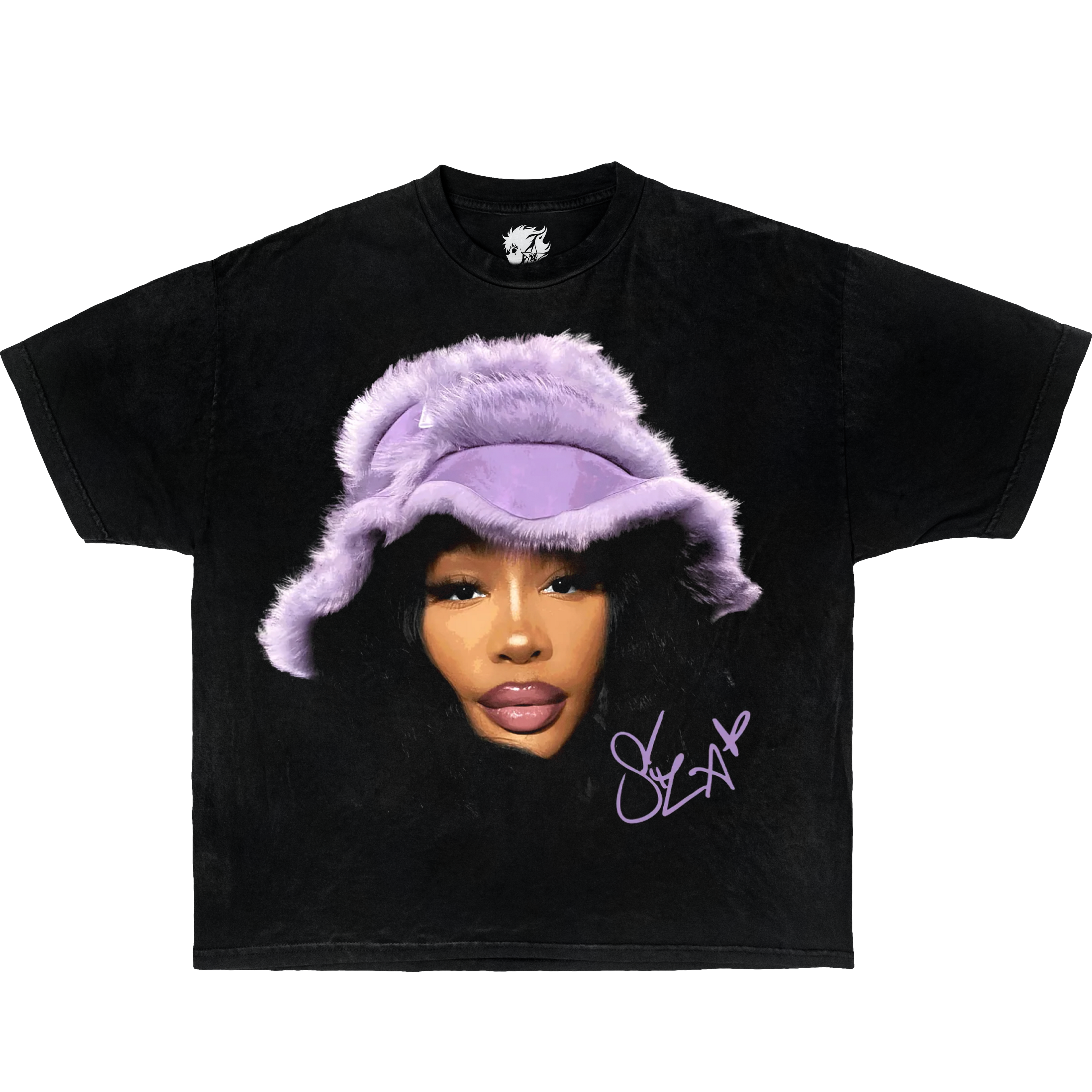 Black t-shirt with a graphic of a person wearing a purple fur hat and the artist's signature. SZA Vintage Boxy Oversized Shirt
