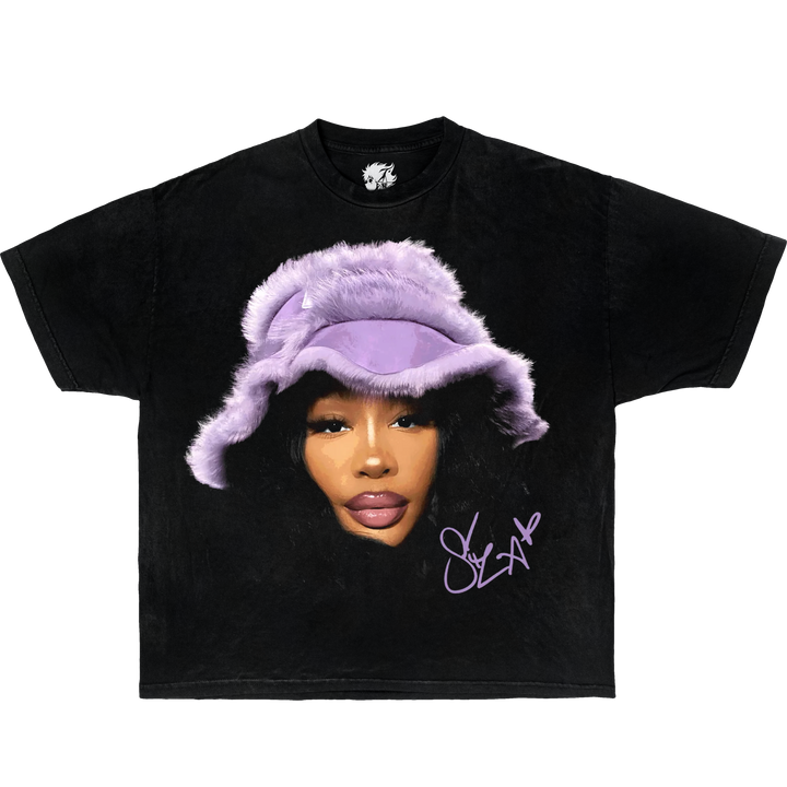 Black t-shirt with a graphic of a person wearing a purple fur hat and the artist's signature. SZA Vintage Boxy Oversized Shirt