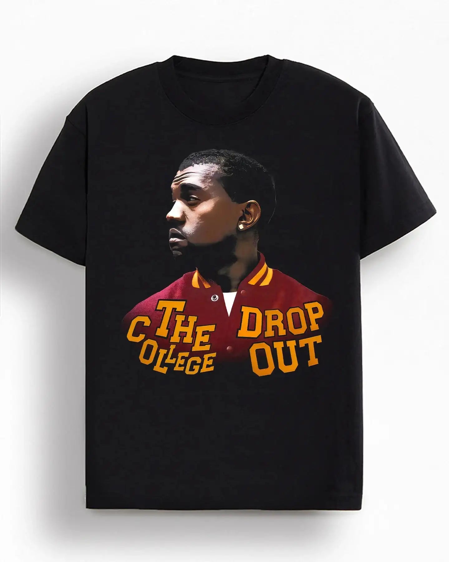 Black t-shirt with a graphic of a man in a red jacket with 'The College Dropout' text on a white background. kanye shirts