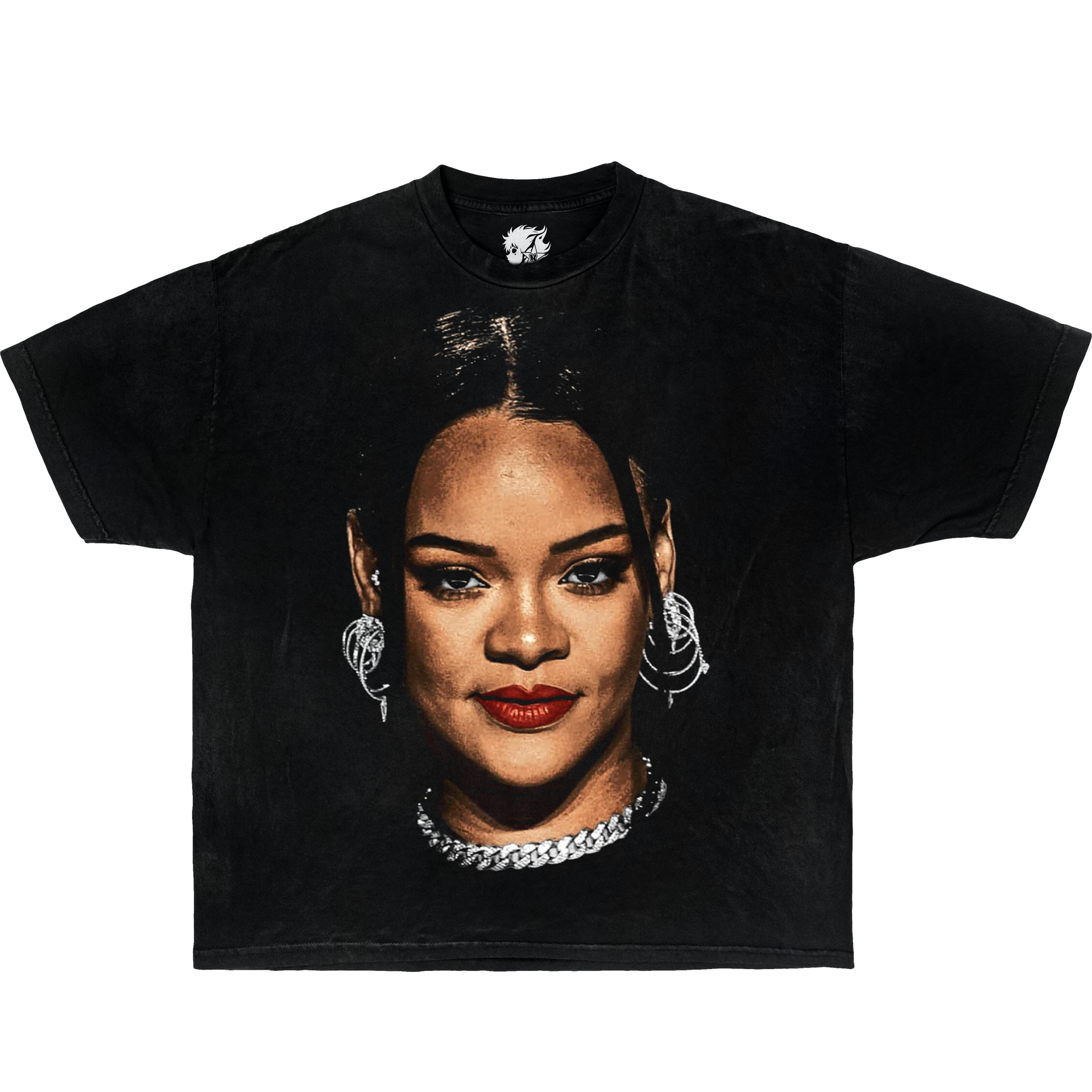 Black t-shirt with a graphic of a woman's face on a white background. Rihanna Vintage Boxy Shirt