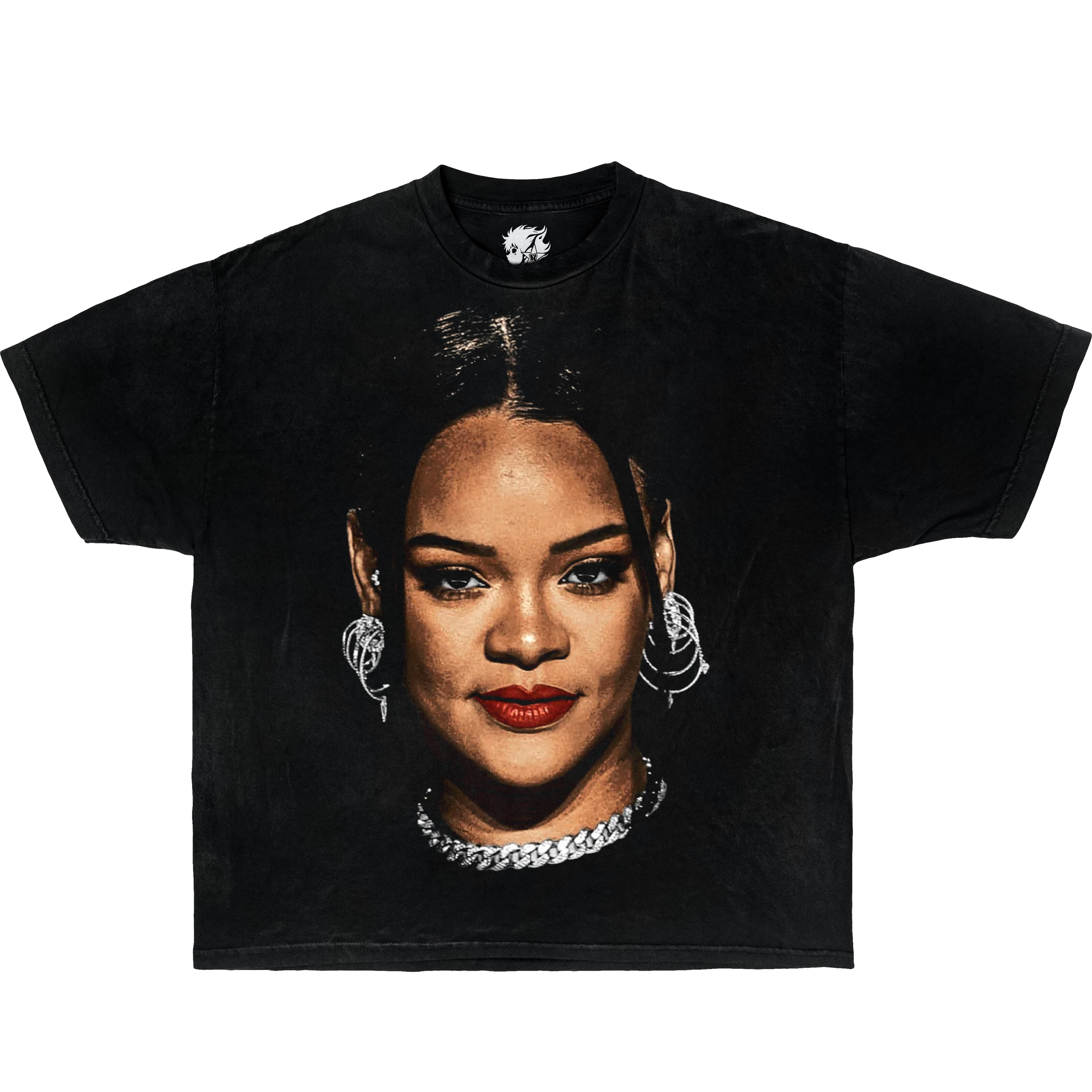 Black t-shirt with a graphic of a woman's face on a white background. Rihanna Vintage Boxy Shirt