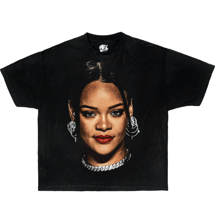 Black t-shirt with a graphic of a woman's face on a white background. Rihanna Vintage Boxy Shirt