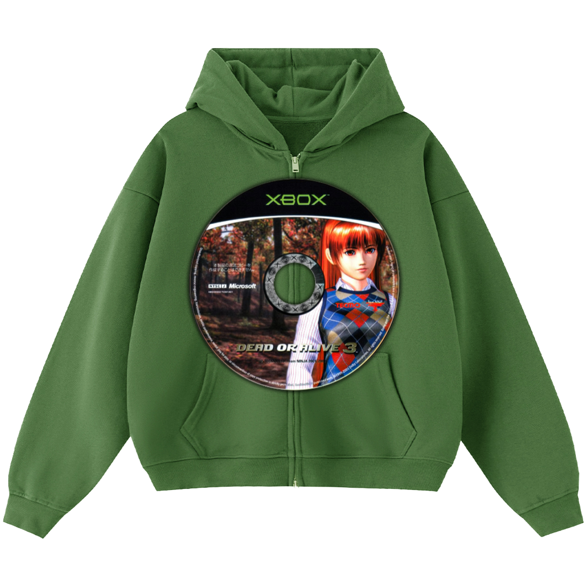 Green hoodie with a design resembling a game disc featuring an anime character on a white background