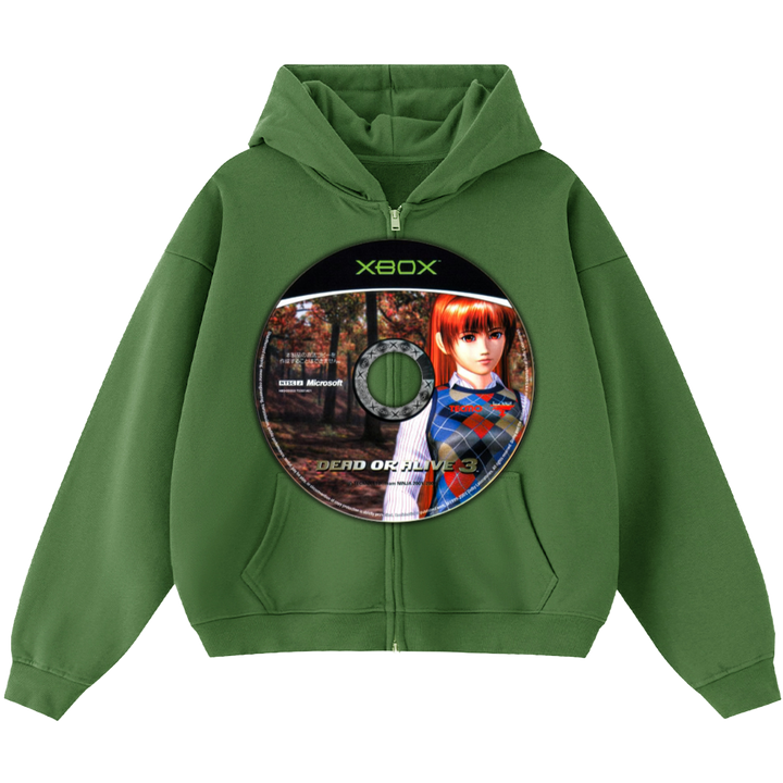Green hoodie with a design resembling a game disc featuring an anime character on a white background