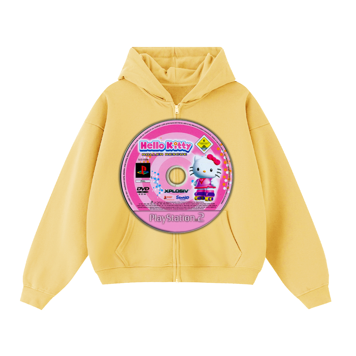 Hello Kitty Game Disc Cropped Zip-Up Boxy Hoodie | Streetwear Hoodies | Y2K Video Game Hooded Sweatshirt | Unisex Graphic Zip Ups | Oversized