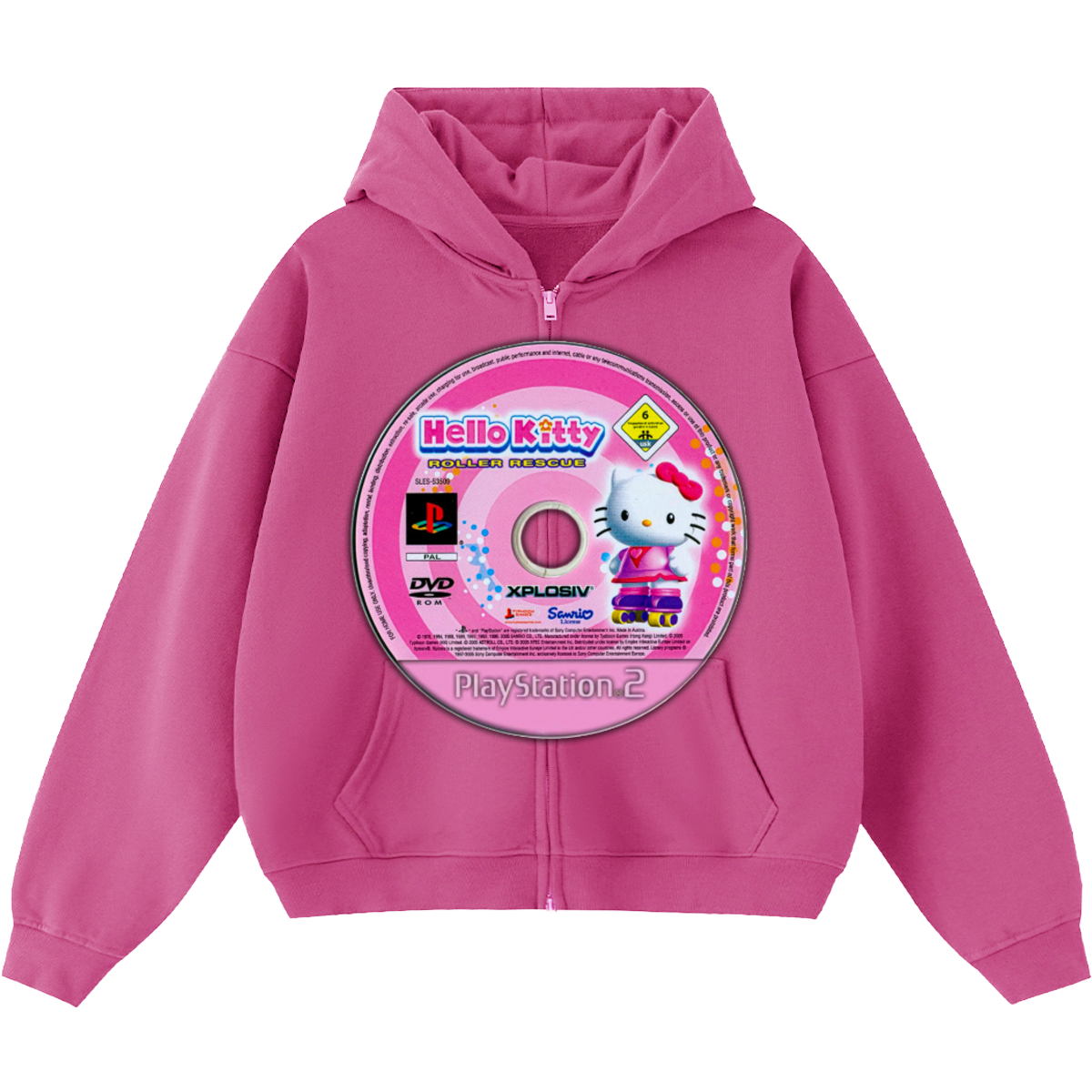 Hello Kitty Game Disc Cropped Zip-Up Boxy Hoodie | Streetwear Hoodies | Y2K Video Game Hooded Sweatshirt | Unisex Graphic Zip Ups | Oversized