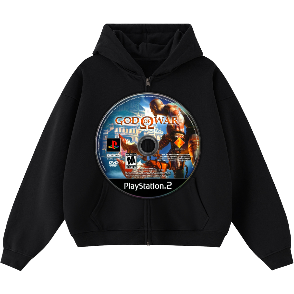Black hoodie with a 'God of War 2' PlayStation 2 disc design on a white background