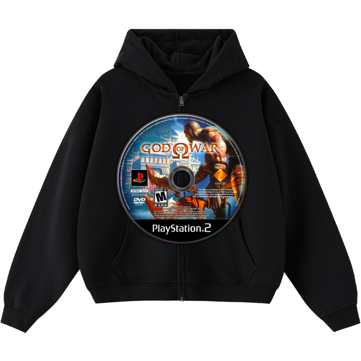 Black hoodie with a 'God of War 2' PlayStation 2 disc design on a white background