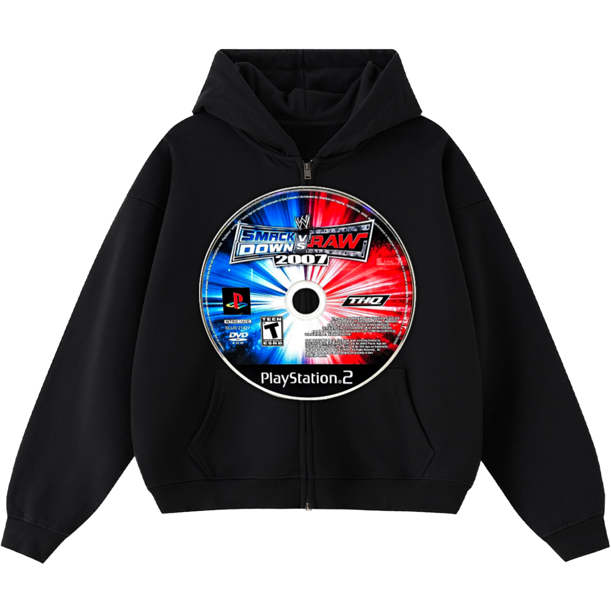 WWE 2007 Smack Down Vs Raw Game Disc Cropped Zip-Up Boxy Hoodie | Streetwear Hoodies | Y2K Video Game Hooded Sweatshirt | Unisex Graphic Zip Ups | Oversized