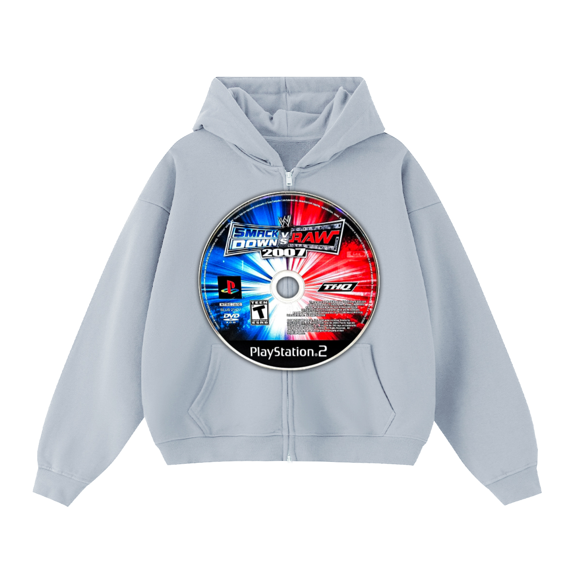 WWE 2007 Smack Down Vs Raw Game Disc Cropped Zip-Up Boxy Hoodie | Streetwear Hoodies | Y2K Video Game Hooded Sweatshirt | Unisex Graphic Zip Ups | Oversized