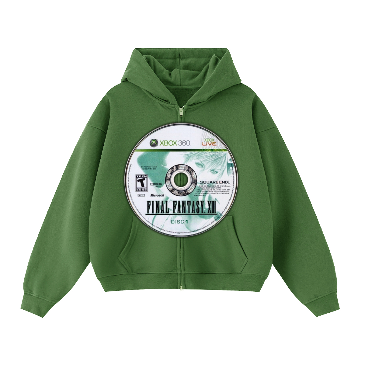 Final Fantasy XIII Game Disc Cropped Zip-Up Boxy Hoodie | Streetwear Hoodies | Y2K Video Game Hooded Sweatshirt | Unisex Graphic Zip Ups | Oversized