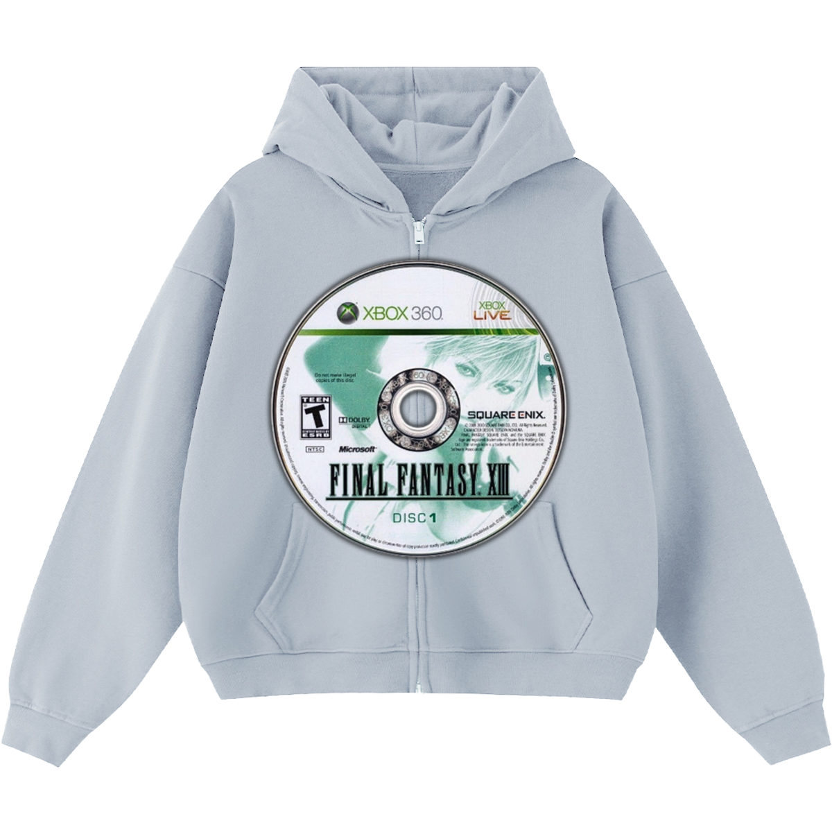 Light gray hoodie with a 'Final Fantasy XIII' game disc design on a white background
