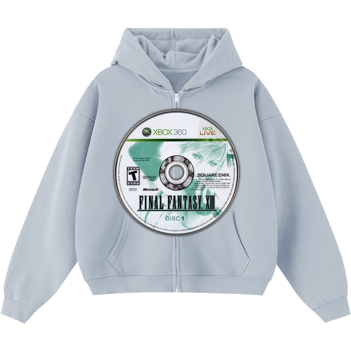 Light gray hoodie with a 'Final Fantasy XIII' game disc design on a white background