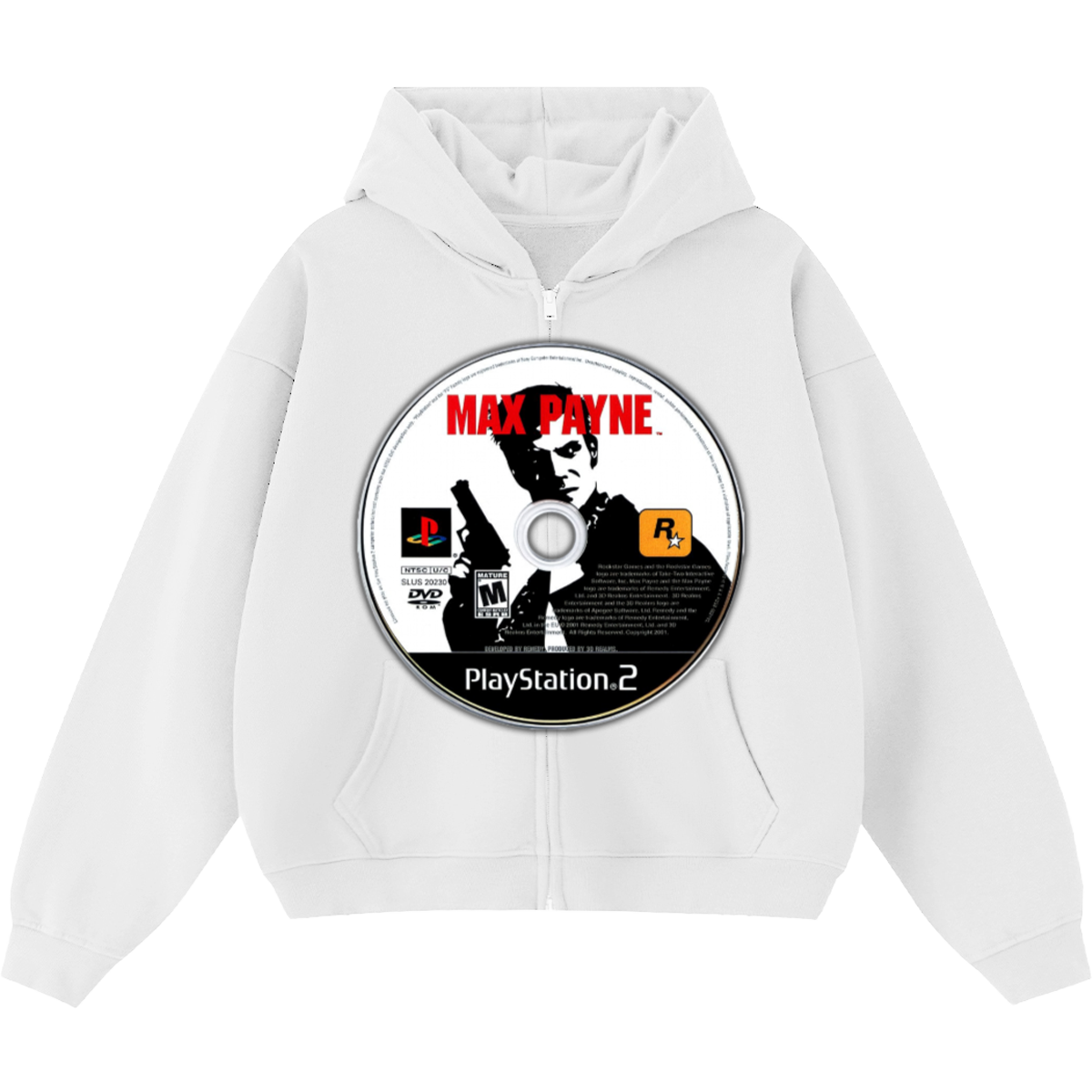 Max Payne Game Disc Cropped Zip-Up Boxy Hoodie | Streetwear Hoodies | Y2K Video Game Hooded Sweatshirt | Unisex Graphic Zip Ups | Oversized