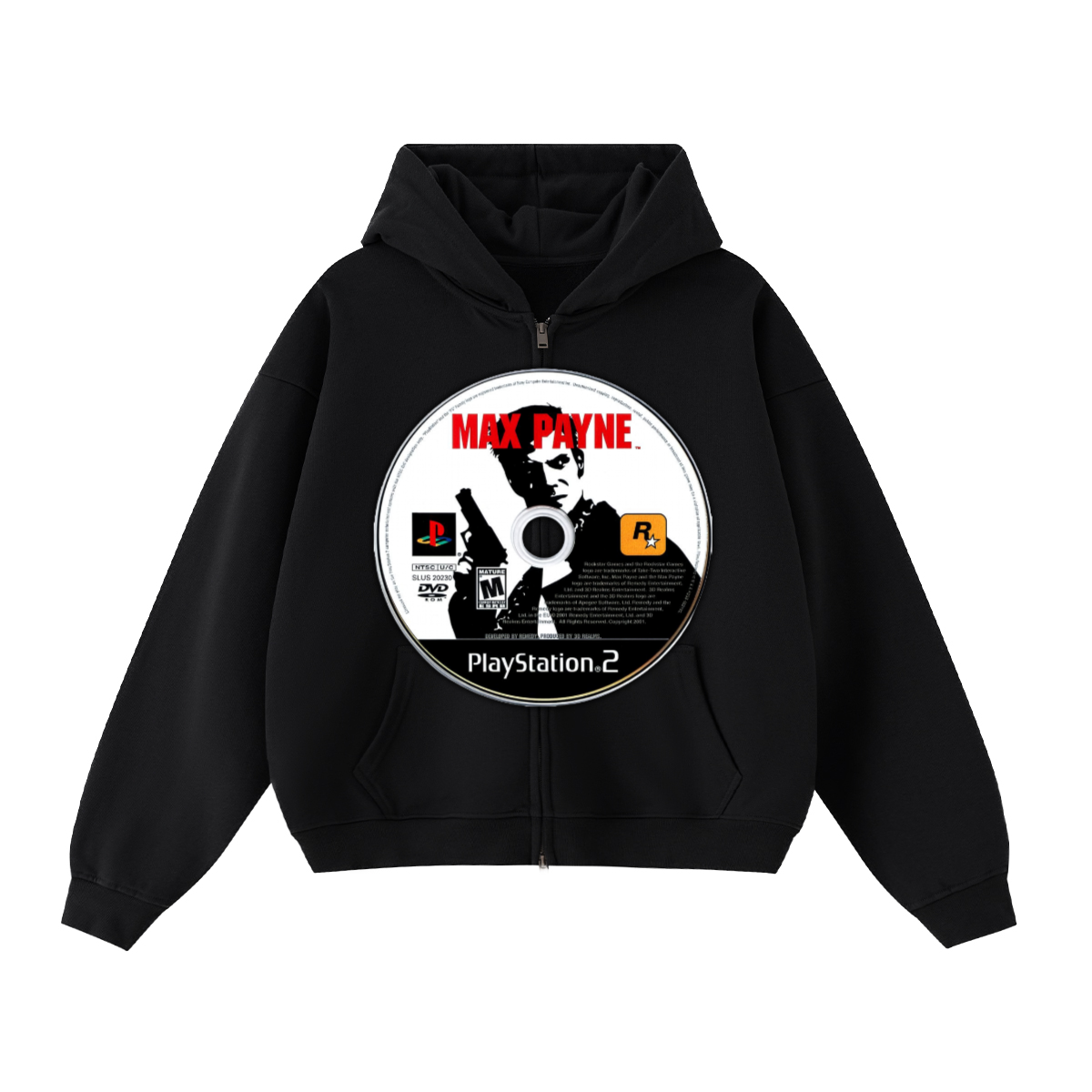 Max Payne Game Disc Cropped Zip-Up Boxy Hoodie | Streetwear Hoodies | Y2K Video Game Hooded Sweatshirt | Unisex Graphic Zip Ups | Oversized