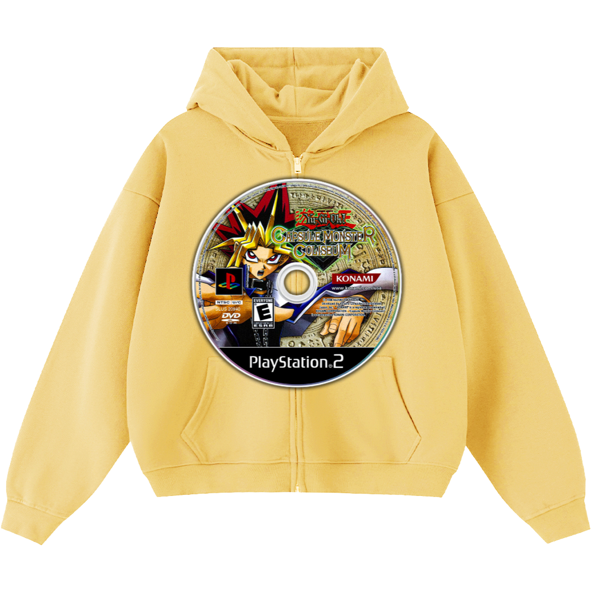 Yellow hoodie with a PlayStation 2 game disc design on the chest
