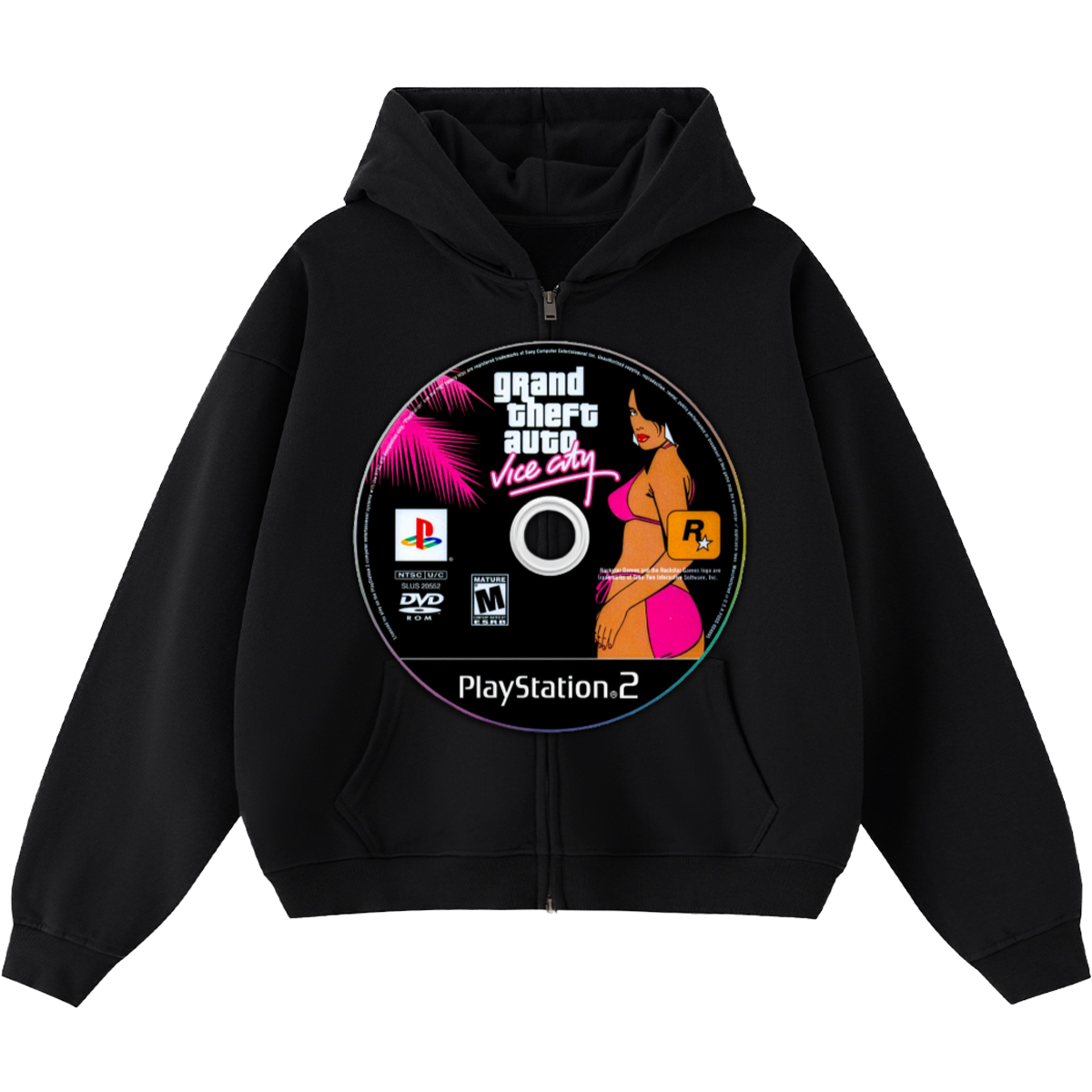 GTA Vice City Game Disc Cropped Zip-Up Boxy Hoodie | Streetwear Hoodies | Y2K Video Game Hooded Sweatshirt | Unisex Graphic Zip Ups | Oversized
