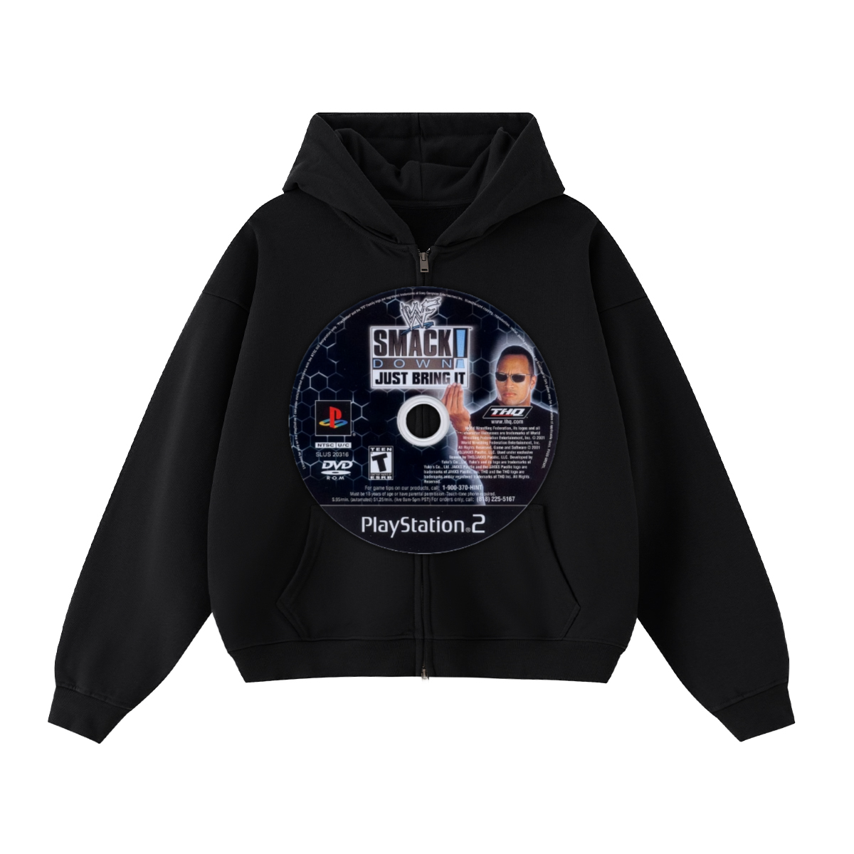 WWE Smack Down Just Bring it Game Disc Cropped Zip-Up Boxy Hoodie | Streetwear Hoodies | Y2K Video Game Hooded Sweatshirt | Unisex Graphic Zip Ups | Oversized