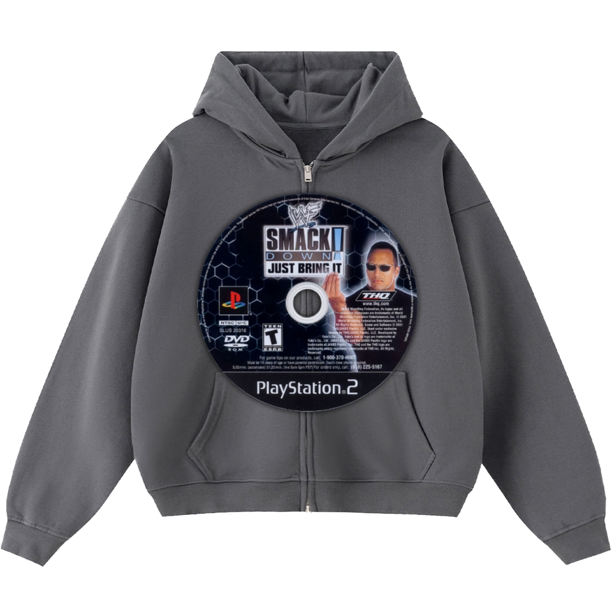WWE Smack Down Just Bring it Game Disc Cropped Zip-Up Boxy Hoodie | Streetwear Hoodies | Y2K Video Game Hooded Sweatshirt | Unisex Graphic Zip Ups | Oversized