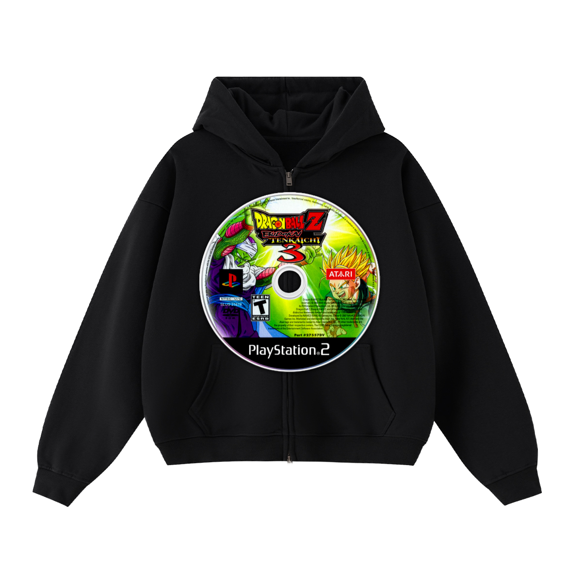 DBZ Dragon Ball Game Disc Cropped Zip-Up Boxy Hoodie | Streetwear Hoodies | Y2K Video Game Hooded Sweatshirt | Unisex Graphic Zip Ups | Oversized