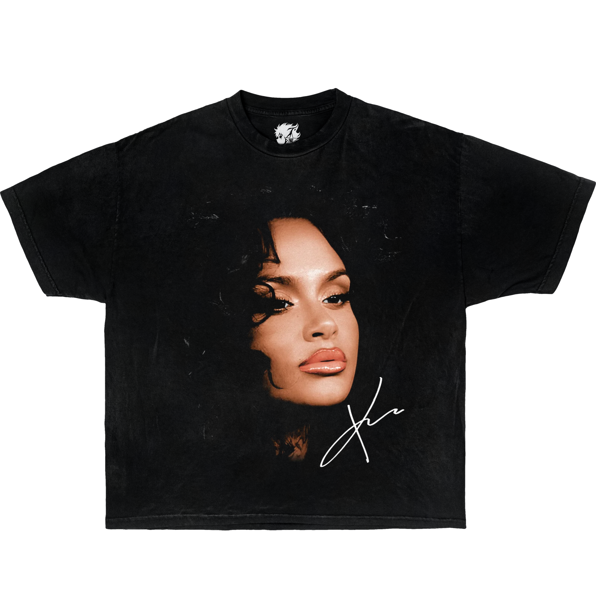 Black t-shirt with a graphic of a face and signature on a white background. Music Artist Kehlani Shirt