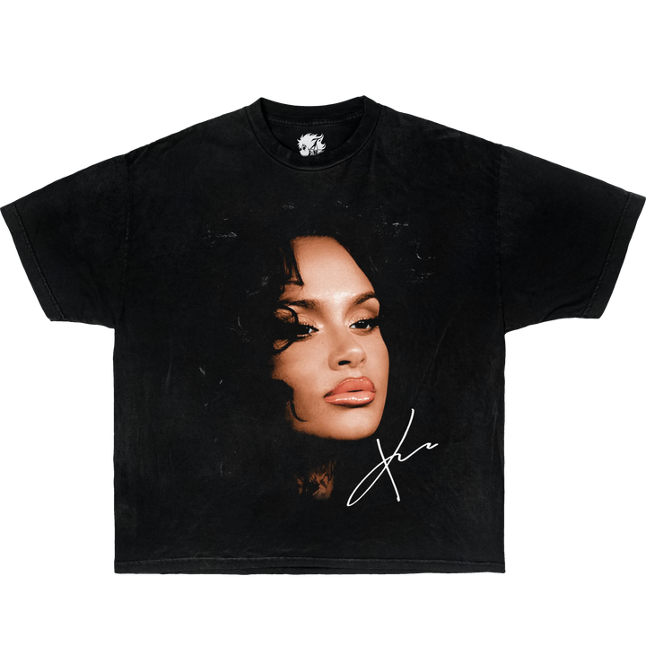 Black t-shirt with a graphic of a face and signature on a white background. Music Artist Kehlani Shirt