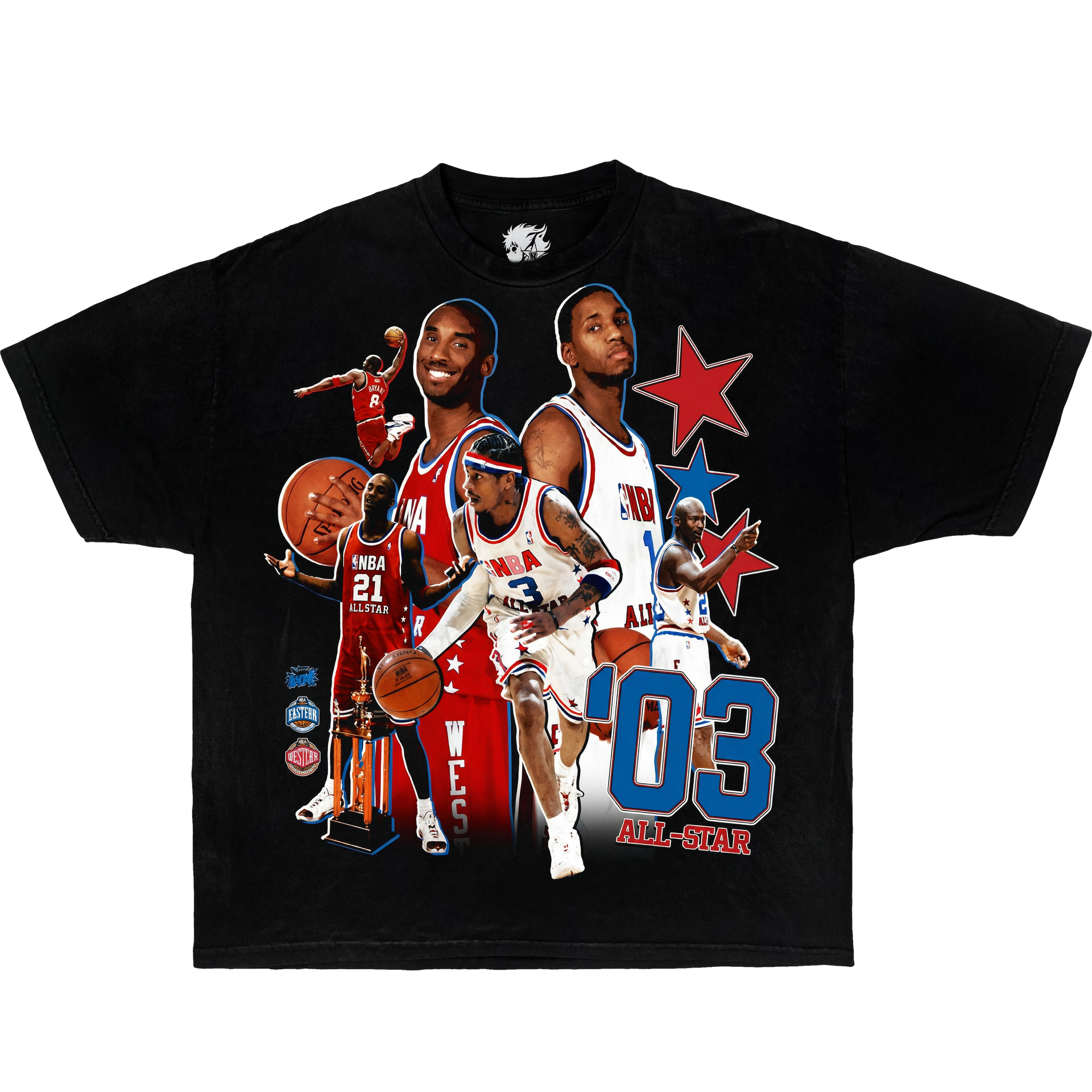 Black t-shirt with basketball player graphics and 'All-Star' text. Kobe bryant and tracy mcgrady 