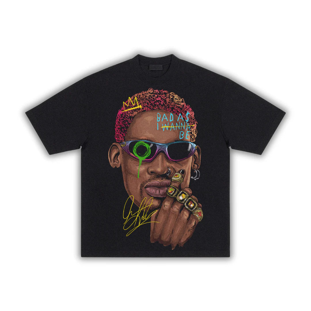 Black t-shirt with a colorful graphic of a person wearing sunglasses and a hat on a white background. Dennis rodman black oversized graphic boxy t-shirt