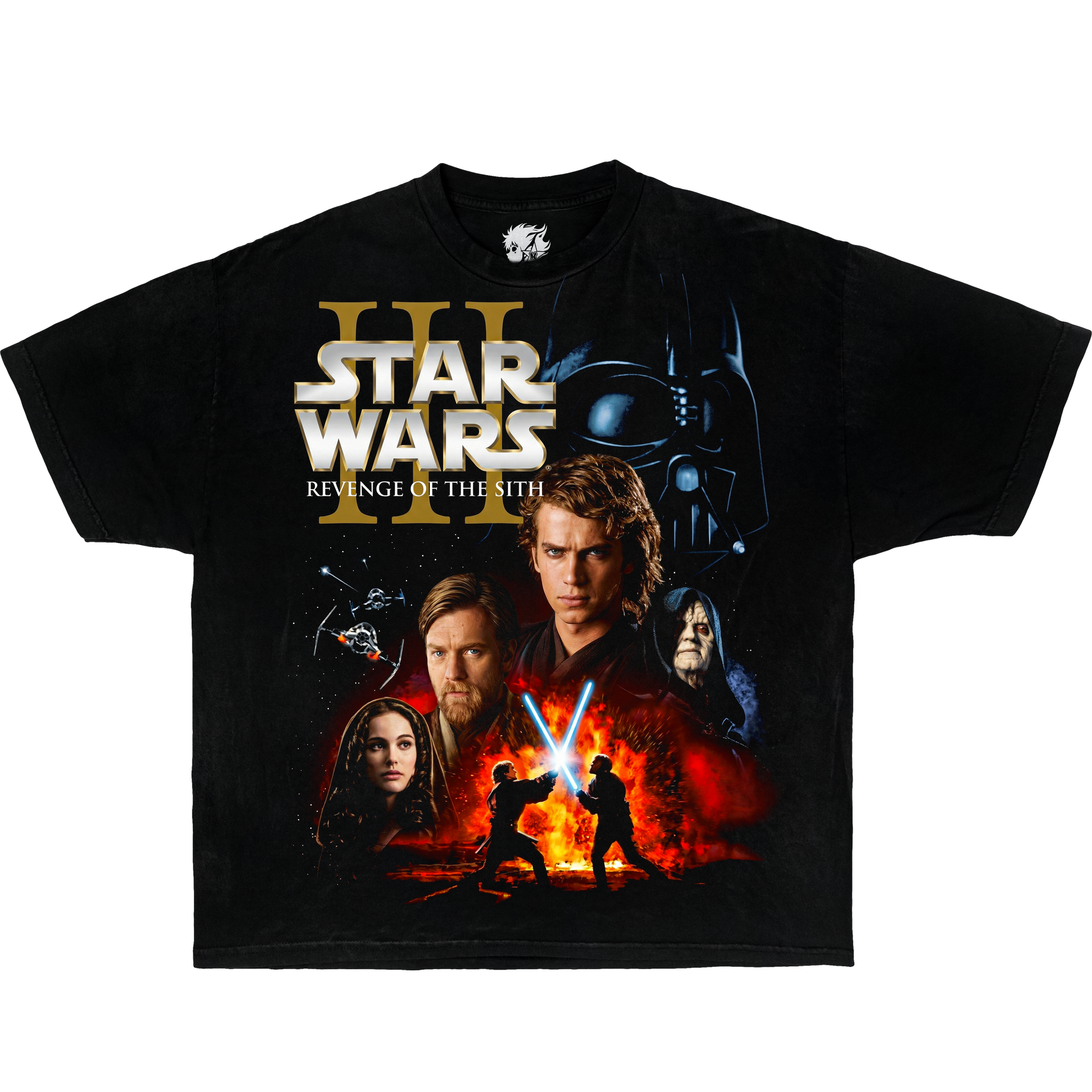 Black t-shirt with Star Wars 'Revenge of the Sith' graphic design on a white background