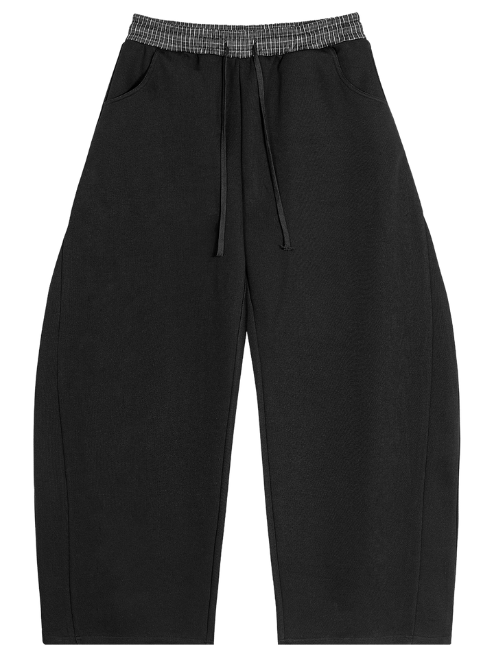 Plaid Waistband Barrel Oversized Y2K Flared Black Sweatpants - Neniom
