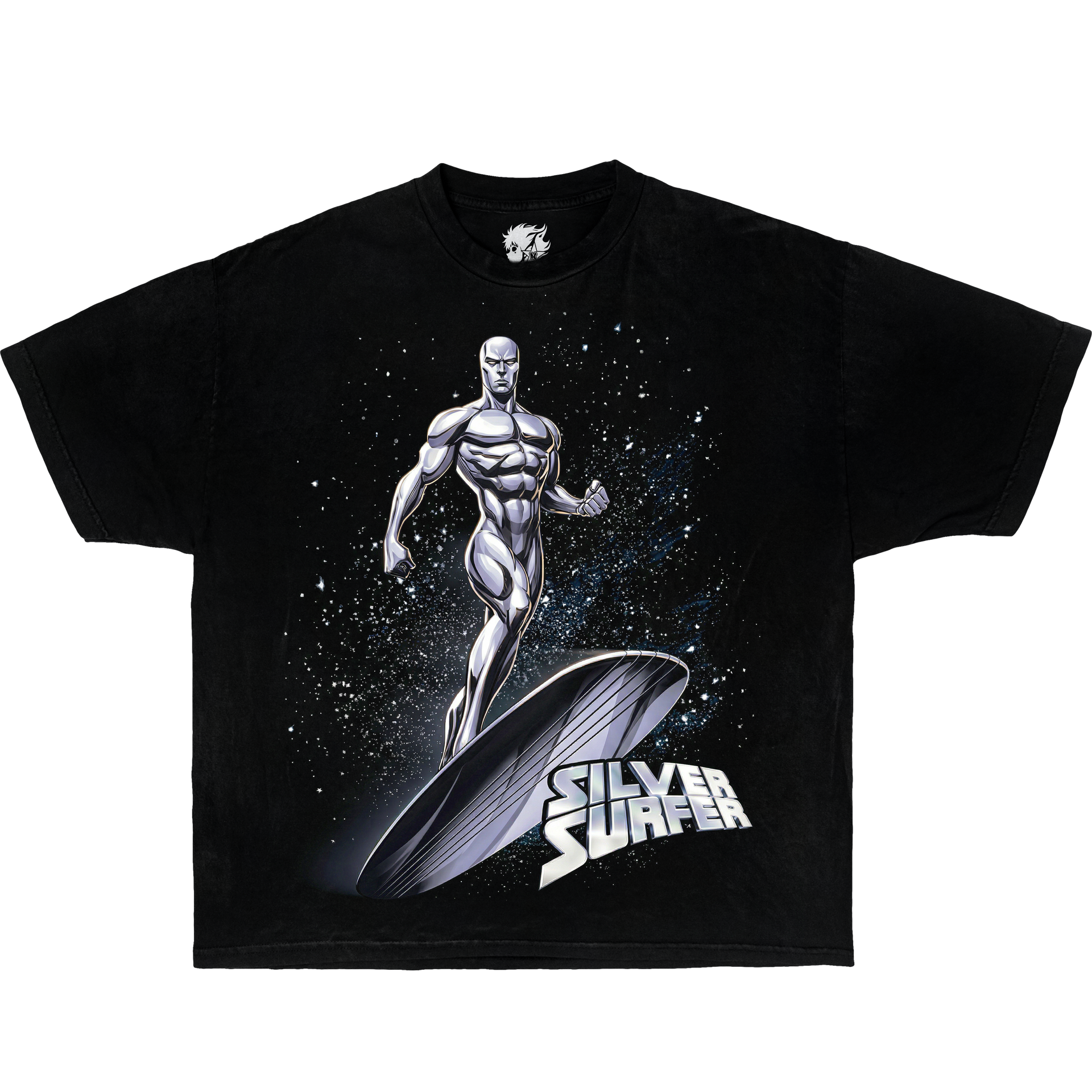 Black t-shirt with marvel Silver Surfer graphic design. 