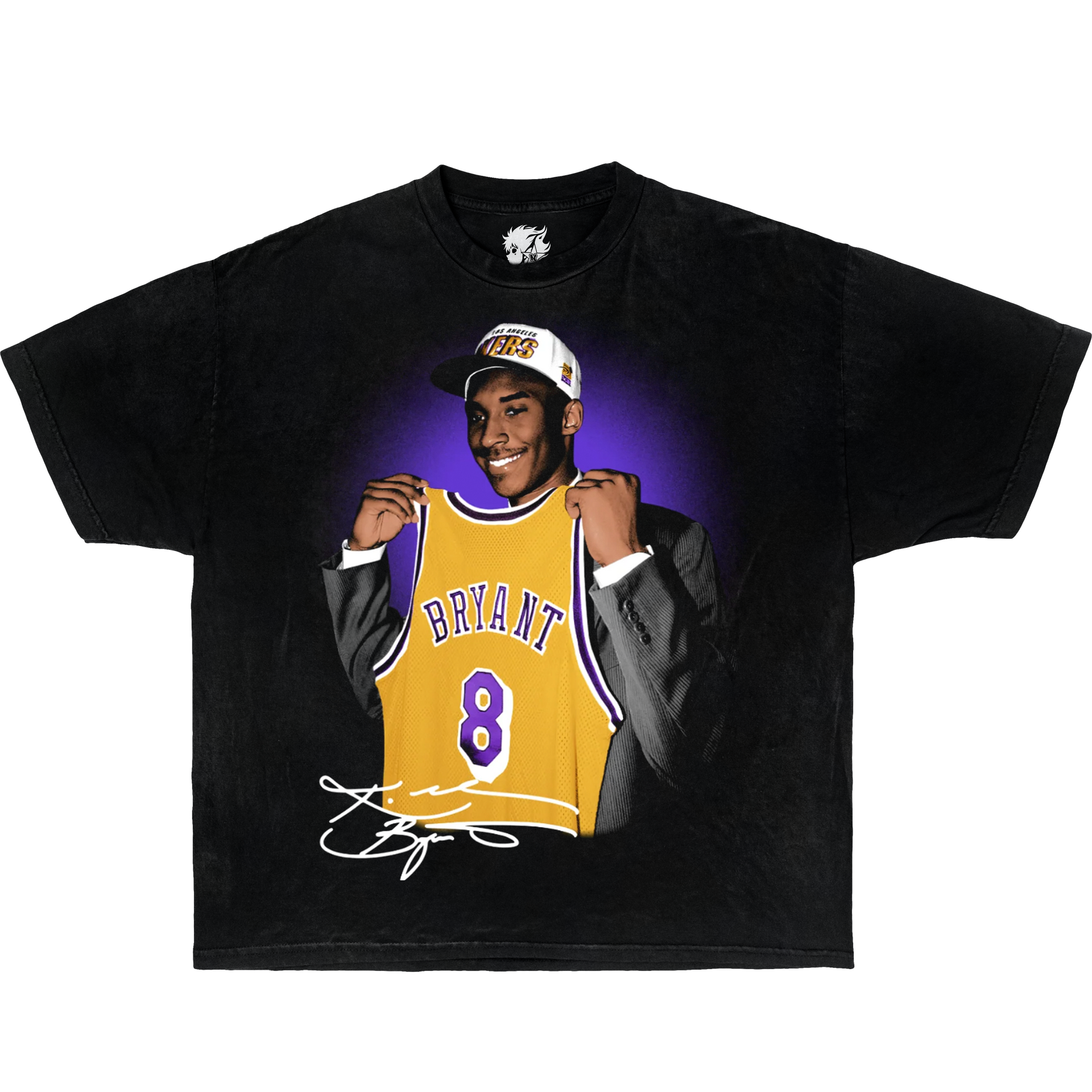 Black t-shirt with a graphic of a basketball player in a yellow jersey with the number 8 and the name 'Bryant'.  Rookie Kobe Bryant Holding Laker Jersey.
