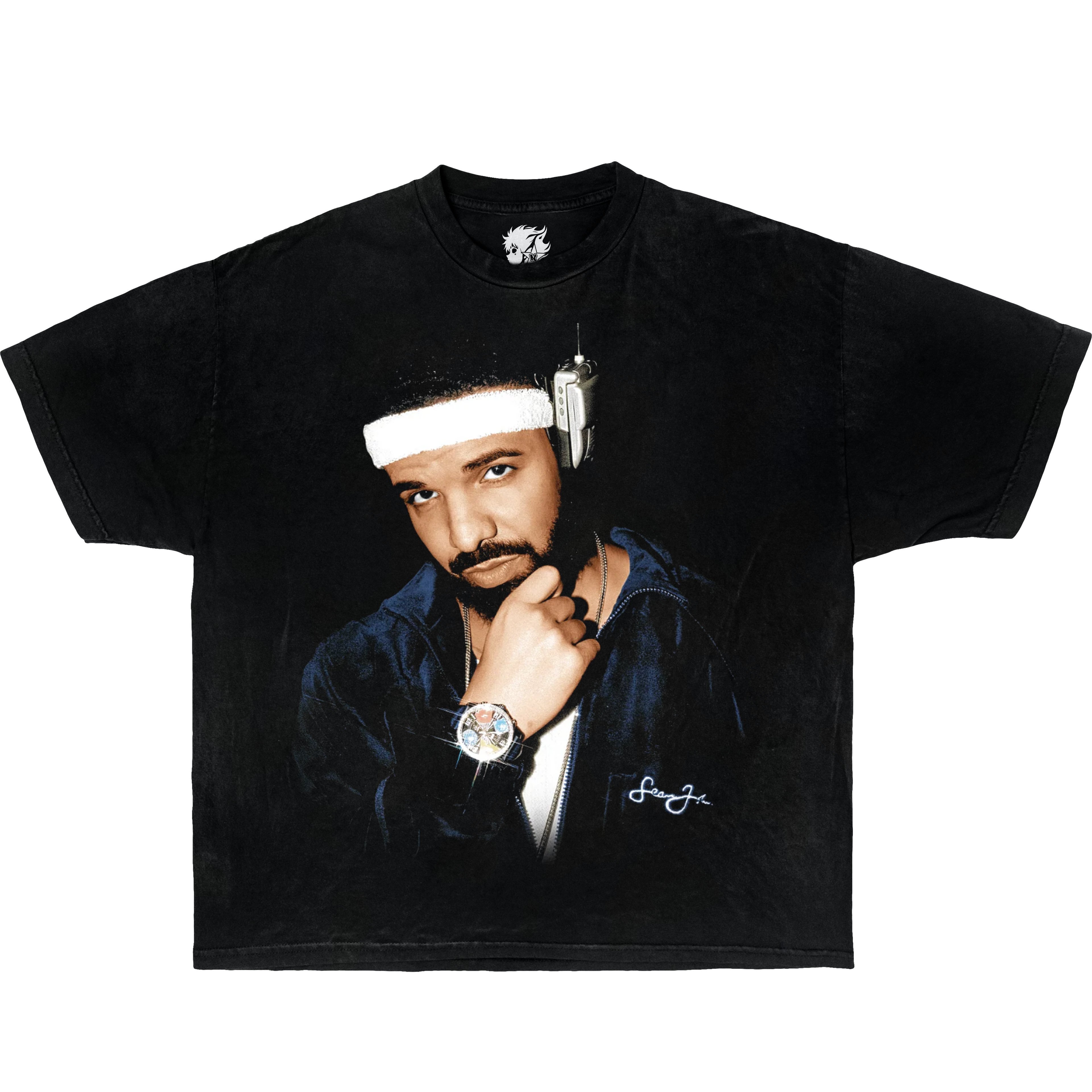 Black t-shirt with a graphic of Drake wearing headphones and a suit on a white background