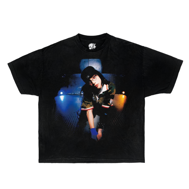 Black t-shirt with a graphic of Billie Eilish holding a candle on a white background. Billie Eilish shirts