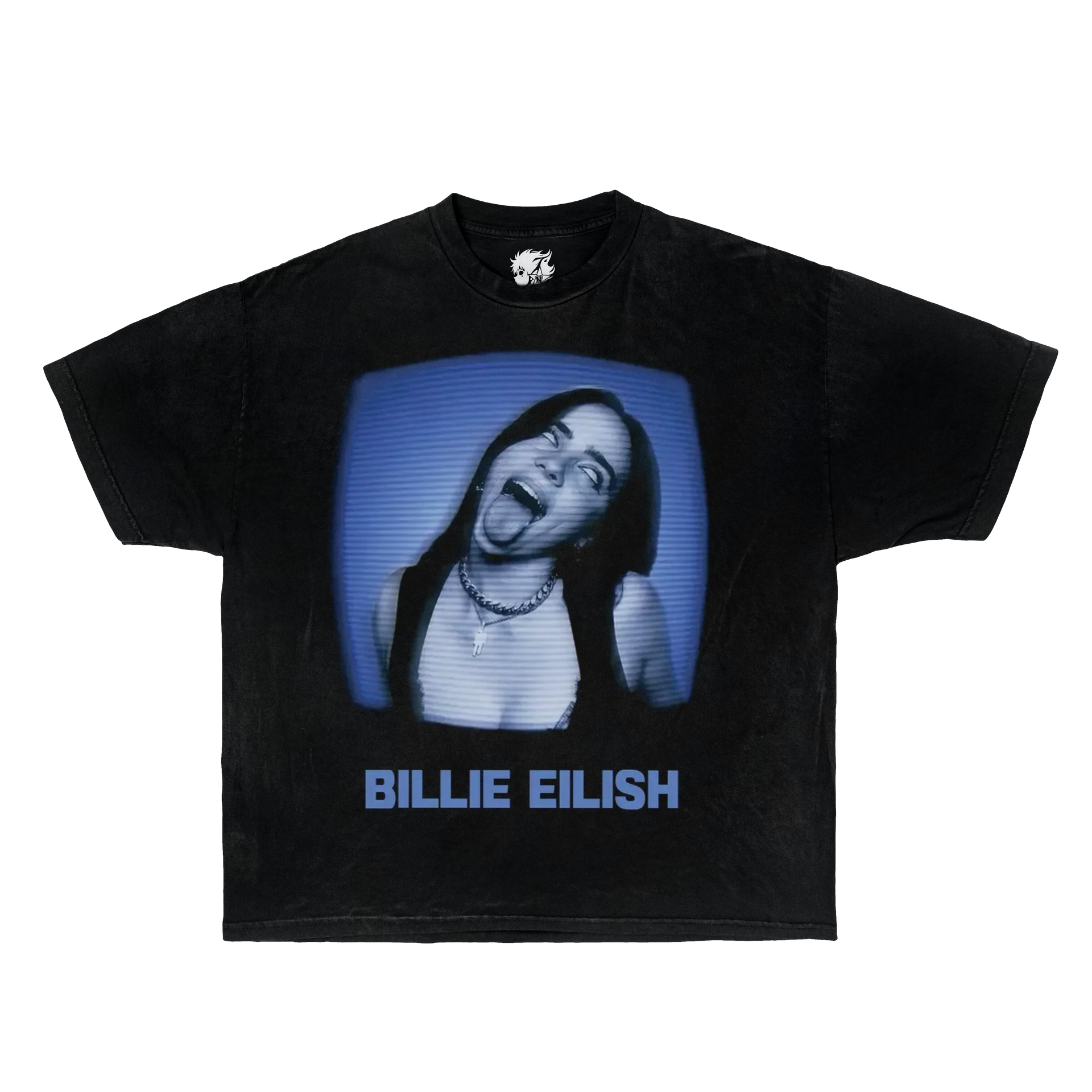 Black t-shirt with a graphic of Billie Eilish and her name on a white background. Billie Eilish shirts