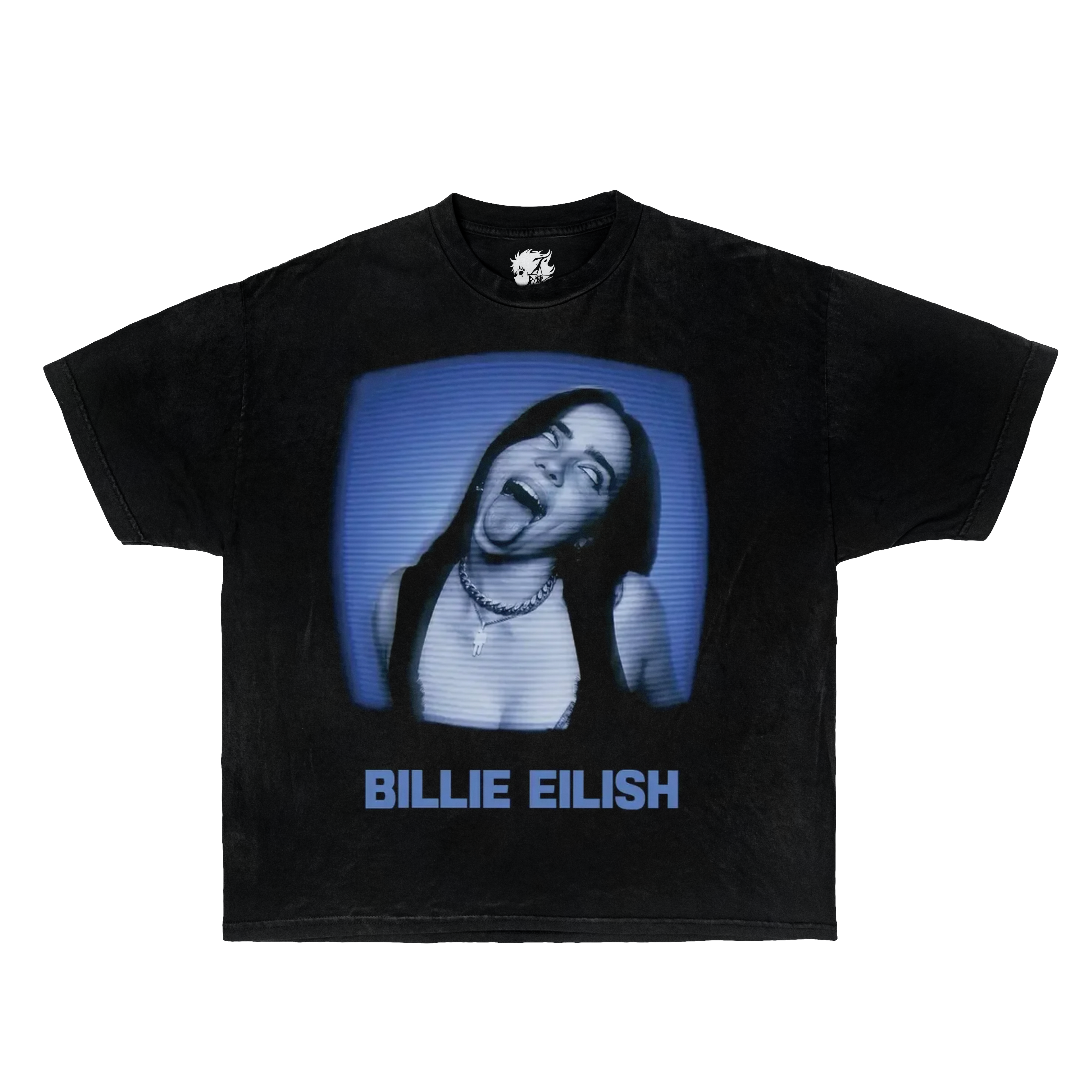 Black t-shirt with a graphic of Billie Eilish and her name on a white background. Billie Eilish shirts