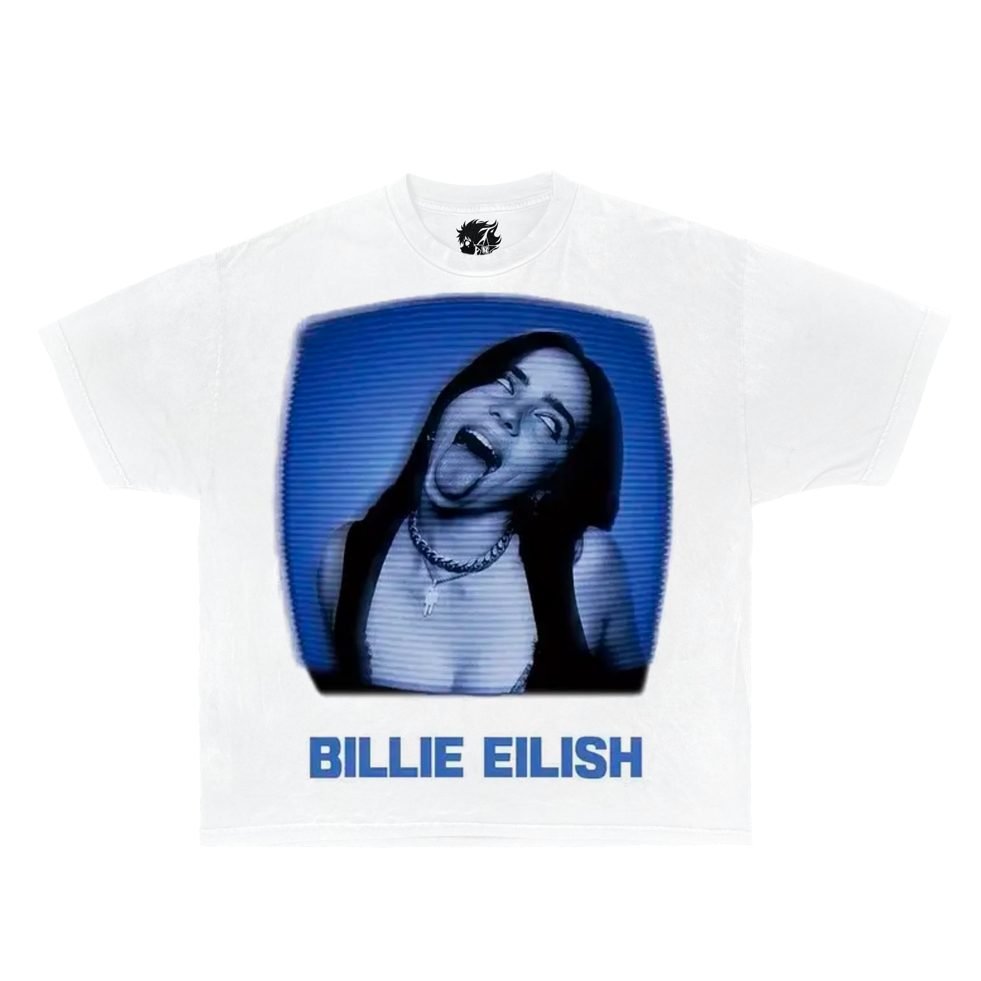 White t-shirt with a graphic of Billie Eilish and her name on a white background. 