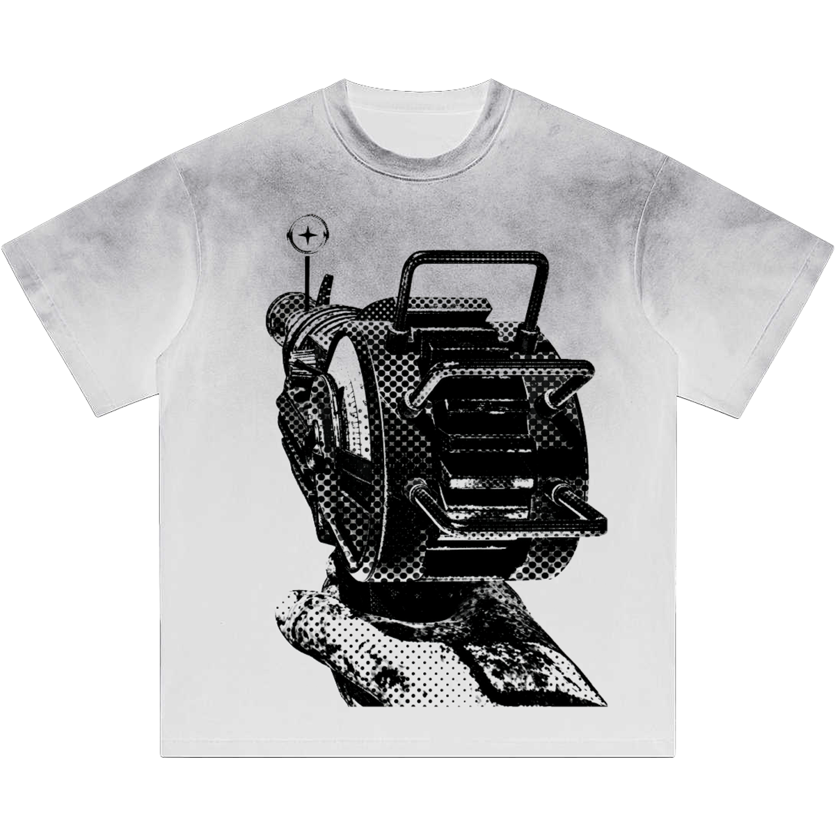 White washed boxy graphic tee featuring a large black halftone raygun POV artwork printed on the front, with a vintage streetwear-inspired faded wash and clean oversized fit.