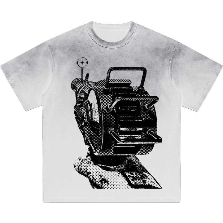 White washed boxy graphic tee featuring a large black halftone raygun POV artwork printed on the front, with a vintage streetwear-inspired faded wash and clean oversized fit.