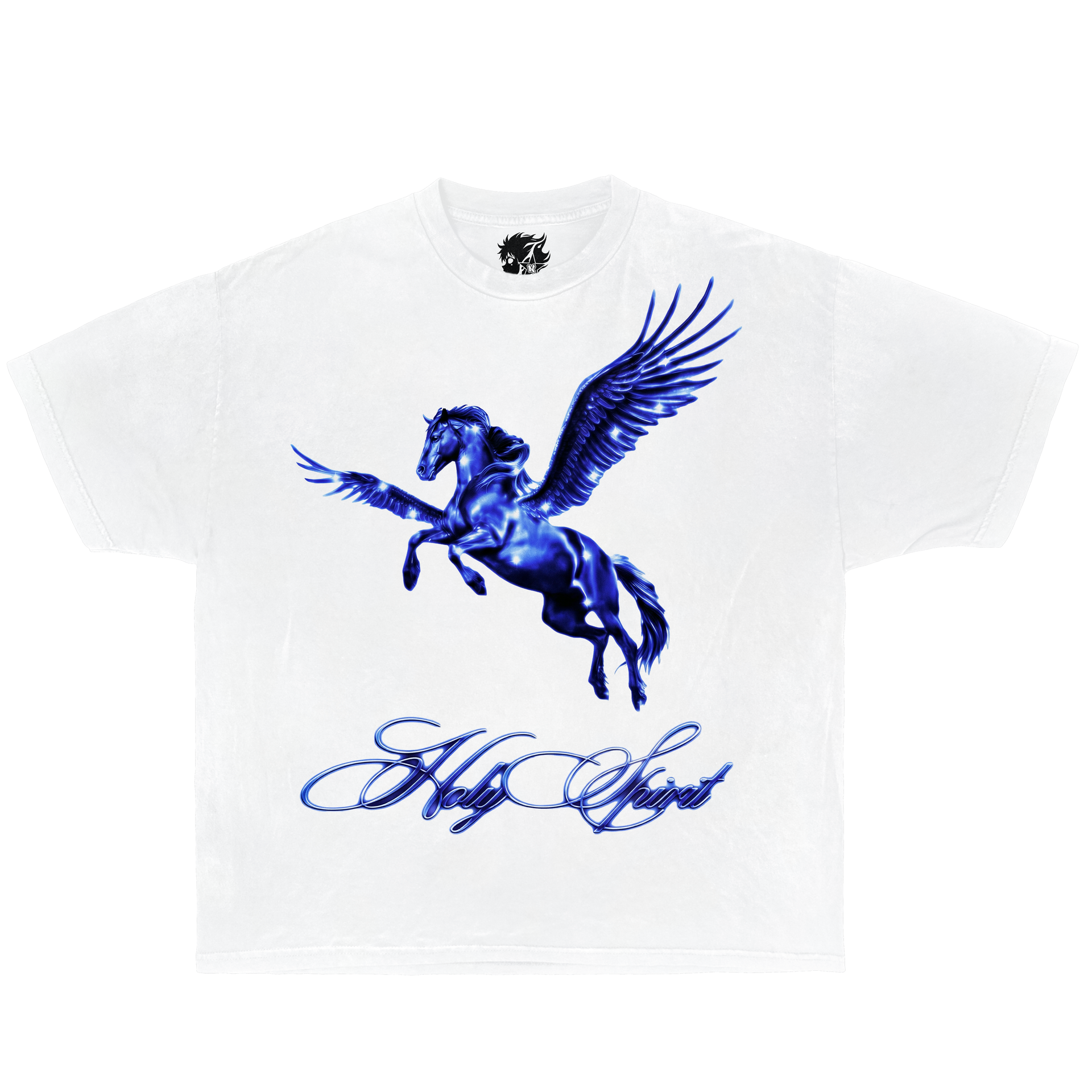 Holy Pegasus Tee Shirt by Neniom on white oversized T-shirt with blue winged Pegasus graphic.