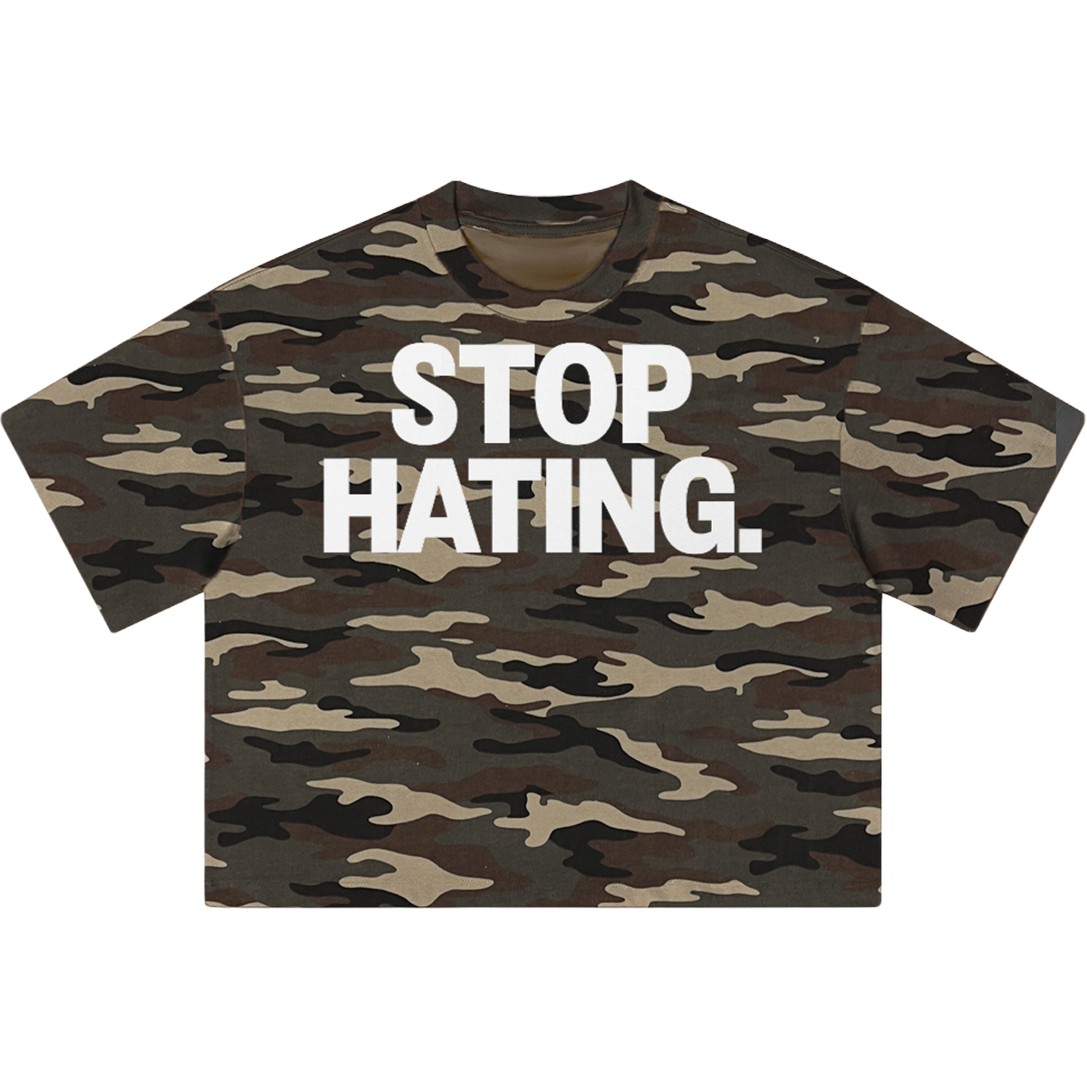 "STOP HATING" Urban Camouflage Cropped Oversized Shirt Streetwear Boxy Unisex Top