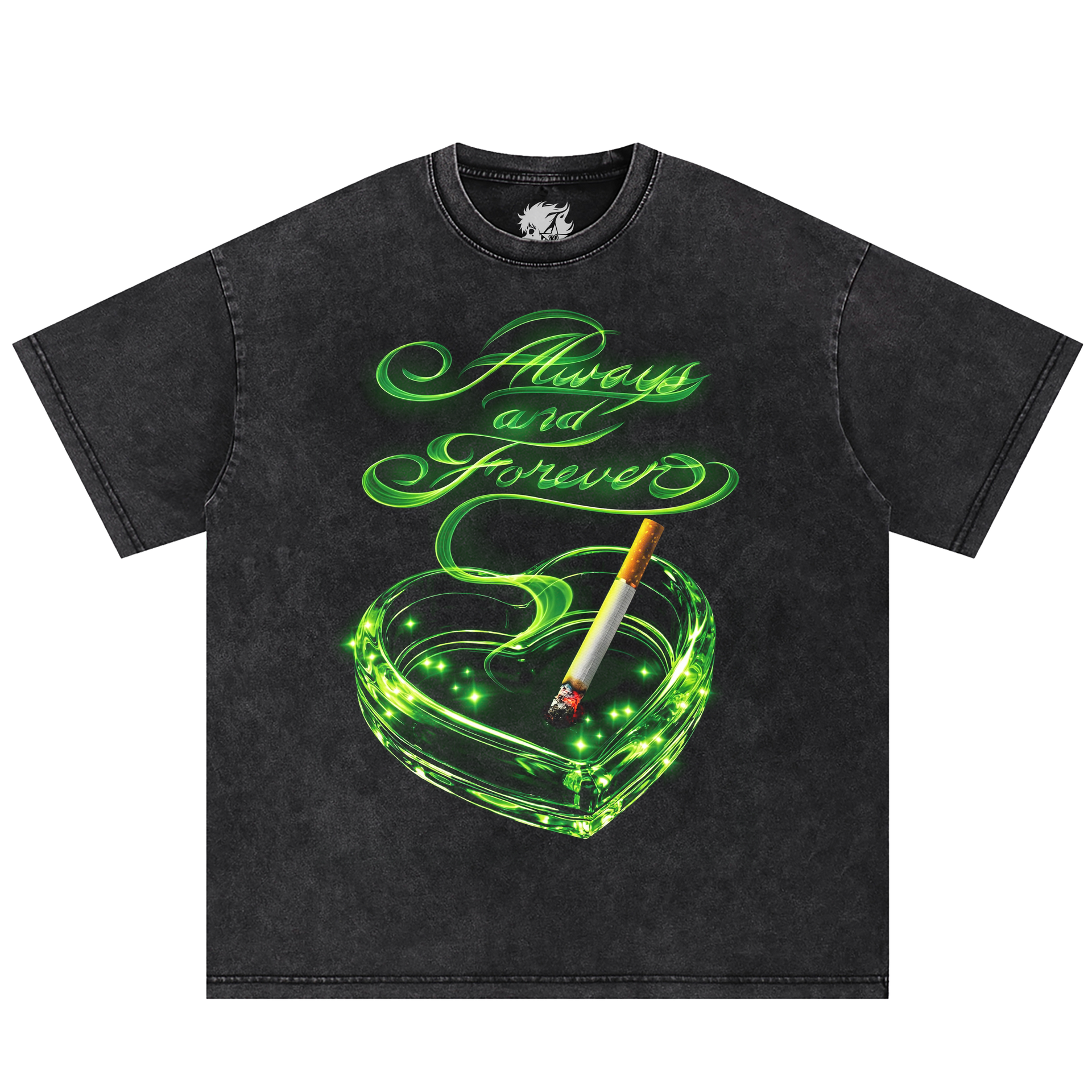 Always & Forever graphic tee by Neniom; black washed oversized T-shirt with neon green cursive text and ashtray design.