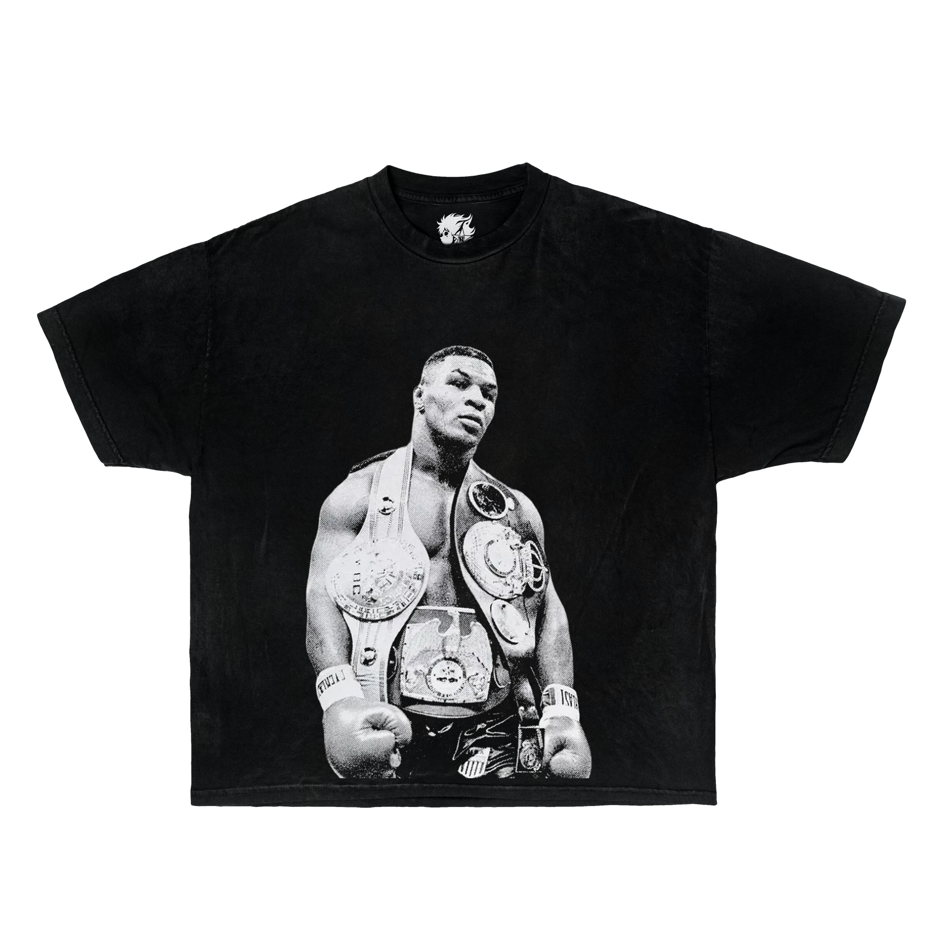 Black t-shirt with a graphic of a boxer holding championship belts on a white background. mike tyson shirt