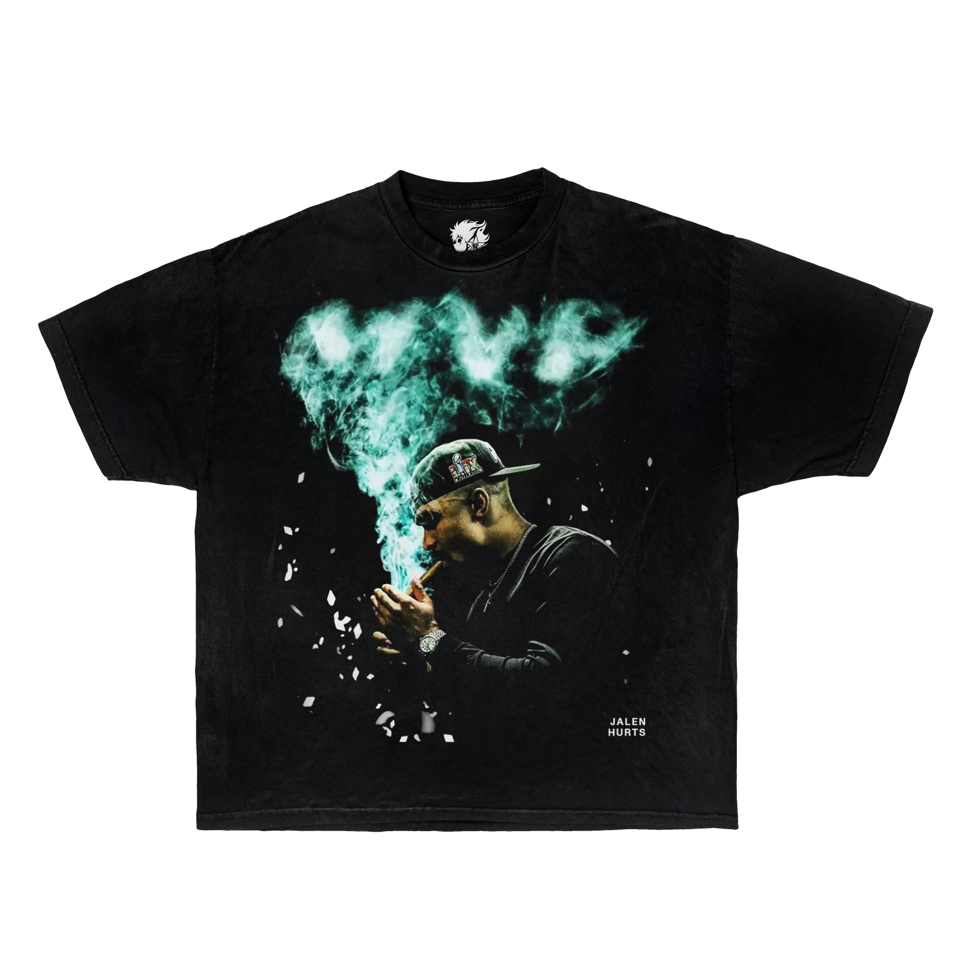 Black t-shirt with a graphic of Jalen Hurts smoking and green smoke on a white background. Jalen Hurt Shirts