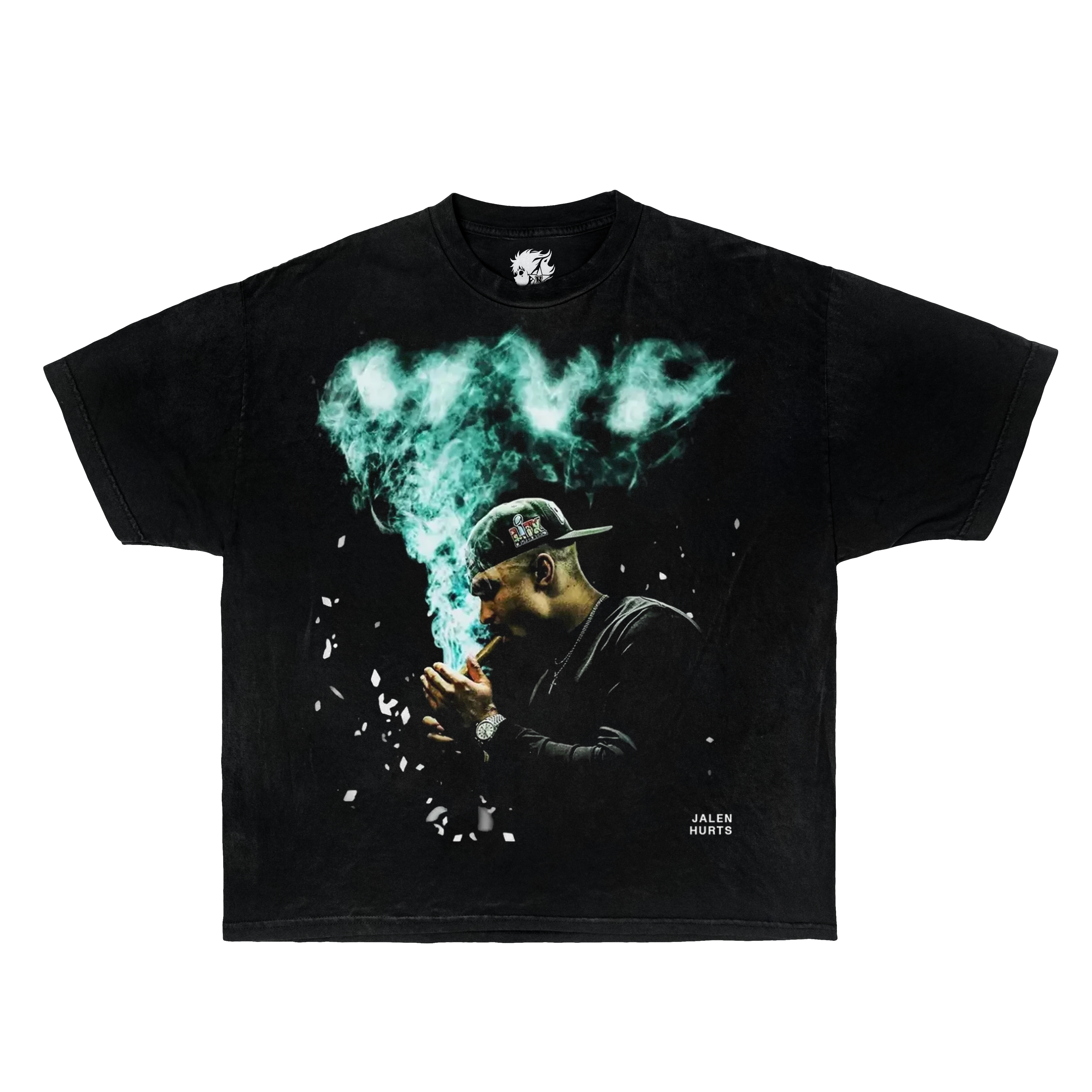 Black t-shirt with a graphic of Jalen Hurts smoking and green smoke on a white background. Jalen Hurt Shirts