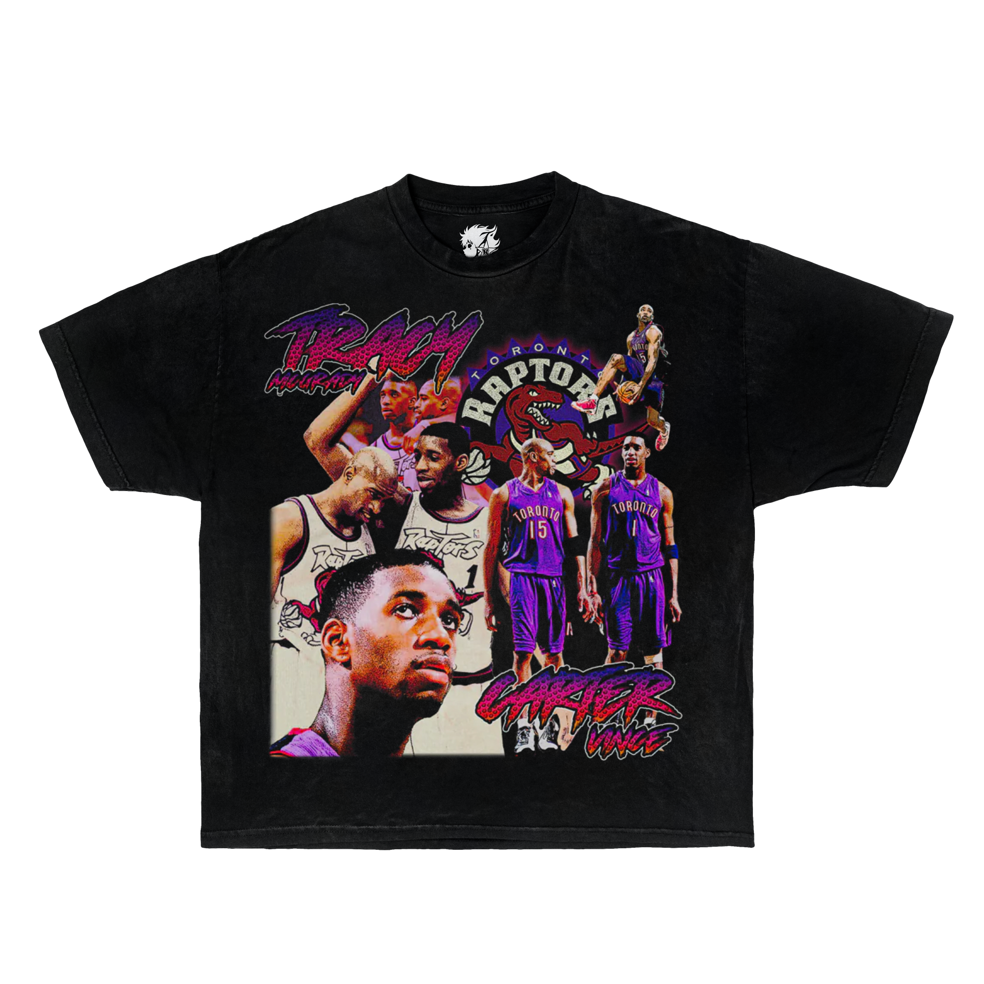 Black t-shirt with basketball-themed graphic featuring players and text on a white background. Vince Carter Boxy Shirt Vintage Oversized Unisex